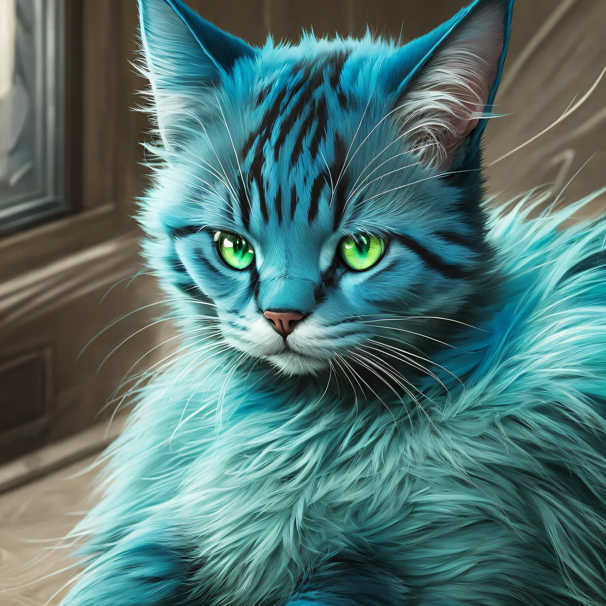 fuzzy blue cat alien with green eyes wearing leather --auto --s2