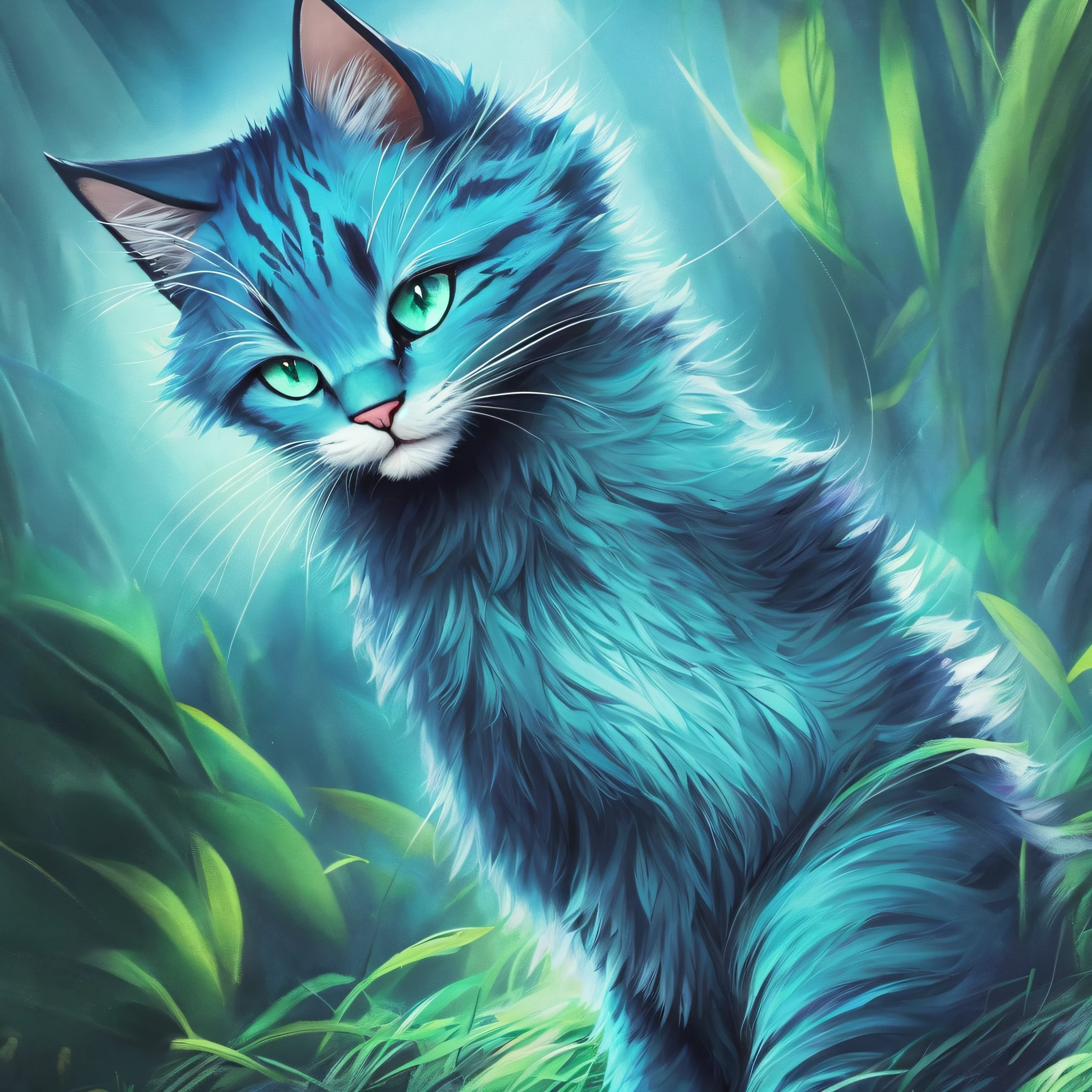 fuzzy blue cat alien with green eyes wearing leather --auto --s2