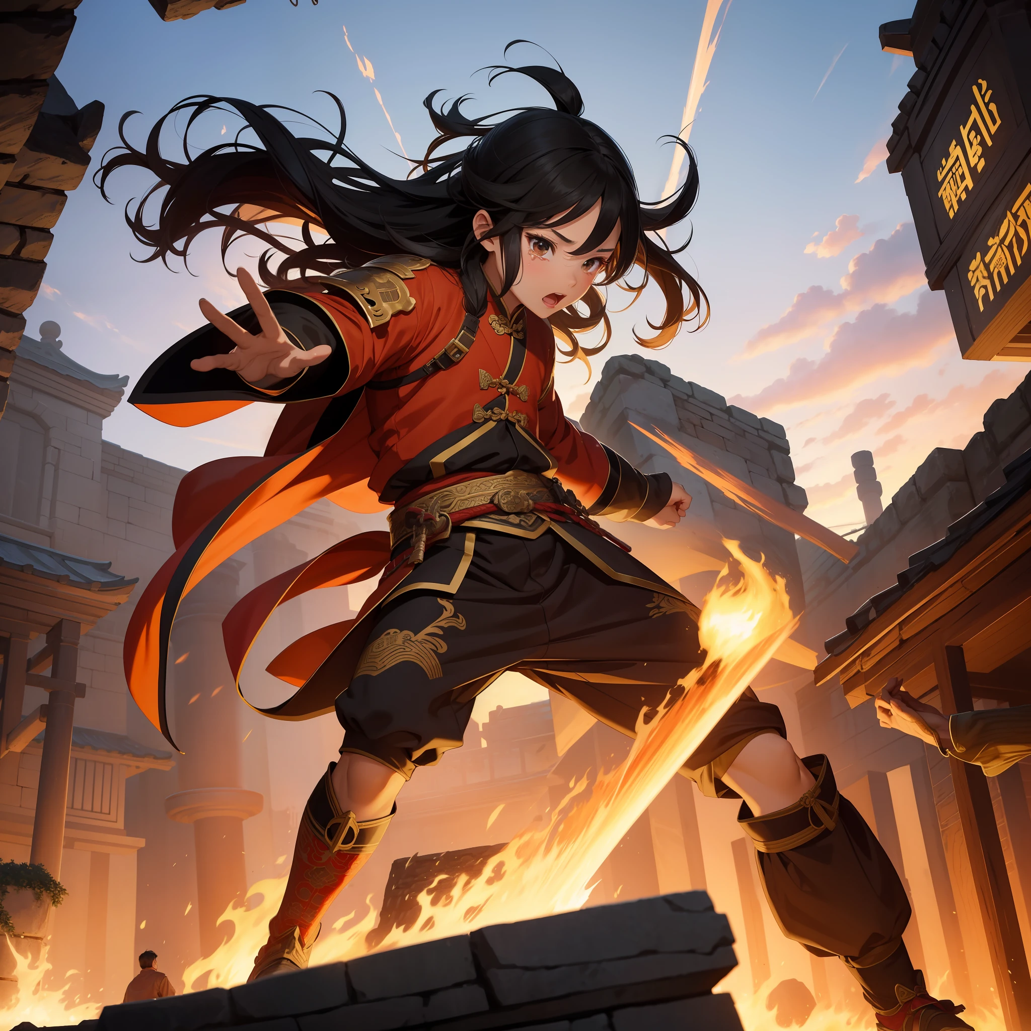 Absurd resolution, high resolution, (masterpiece: 1.4), hyper-detail, ancient China, a 10-year-old boy with long black hair (1.3), boy 1.5, baby fat face 1.5, hair bundle, roar (1.2), crying (1.2), warrior in ancient Chinese armor, wielding sword, blood, fighting, standing on ancient city walls (1.3), dusk, fire