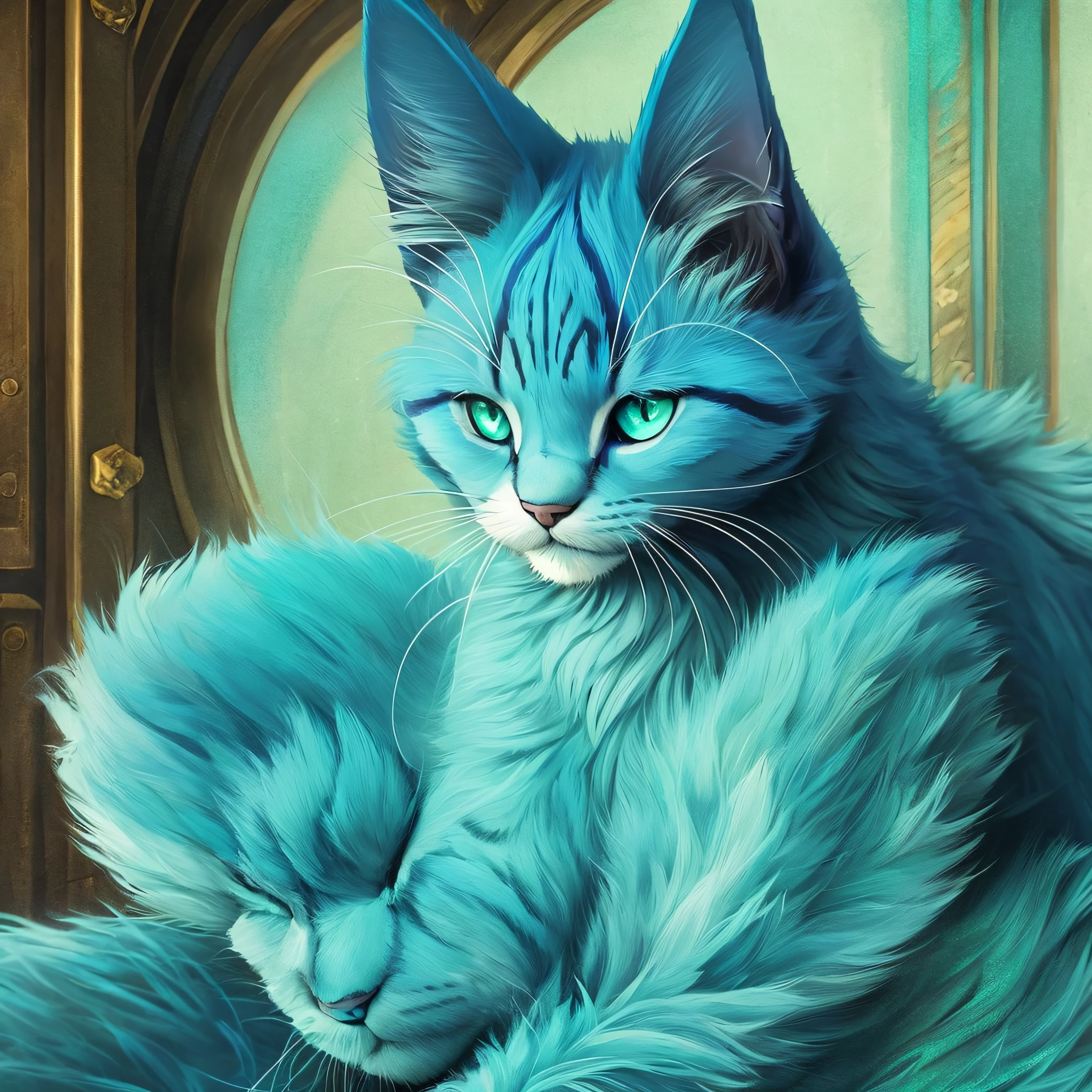 fuzzy blue cat alien with green eyes wearing leather --auto --s2