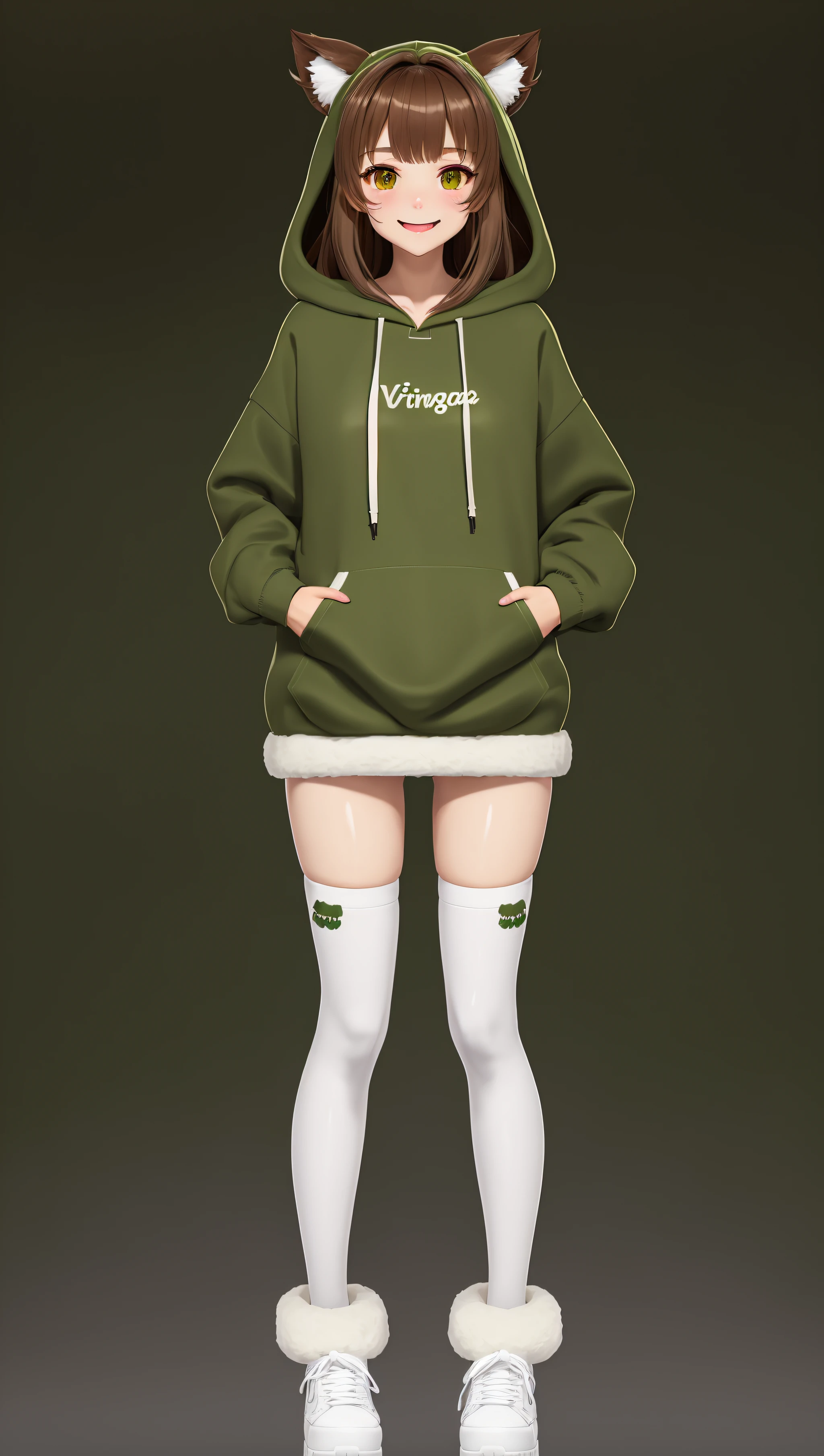 vtubermodel of 1girl , brown hair , light brown eyes , (green hoodie:1.3) , fluffy weasel ears , white thigh highs, high quality , extra detailed , rendered, (white background:1.2), full body , smiling, sharp face