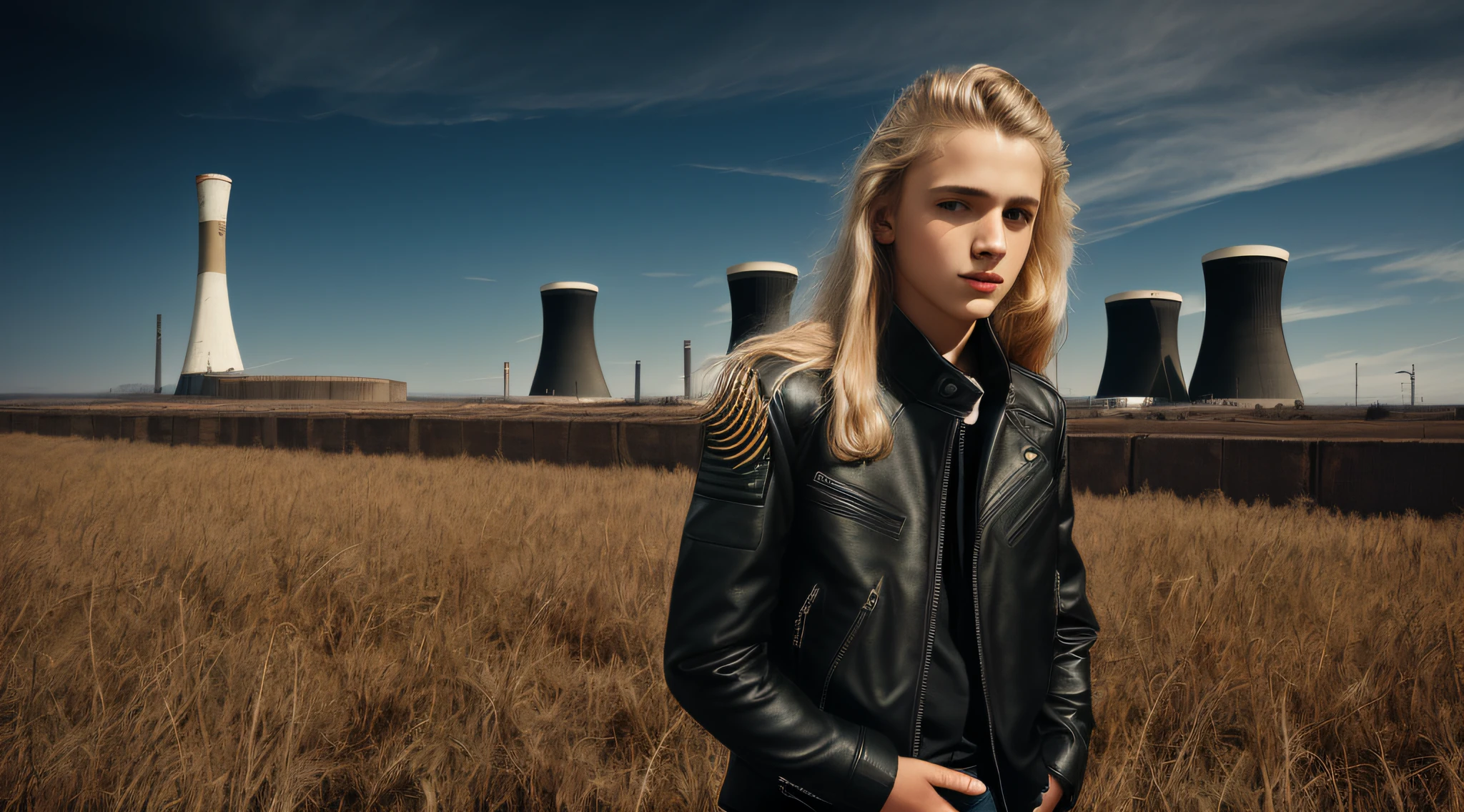 BOYS , PORTRAIT, WITH LONG BLOND HAIR, WITH BLACK LEATHER JACKETS AND BLACK CLOTHING, nuclear power plant with radioactive barrels in a field, nuclear wasteland, nuclear waste, post-nuclear fallout, future of nuclear energy, nuclear fallout, radioactive wasteland, nuclear energy, nuclear power, nuclear reactor, nuclear aftermath, post-nuclear, nuclear power plant, nuclear, radioactive particles, nuclear art, toxic waste, polluted, radioactive peak field, pollution, RED BACKGROUND.