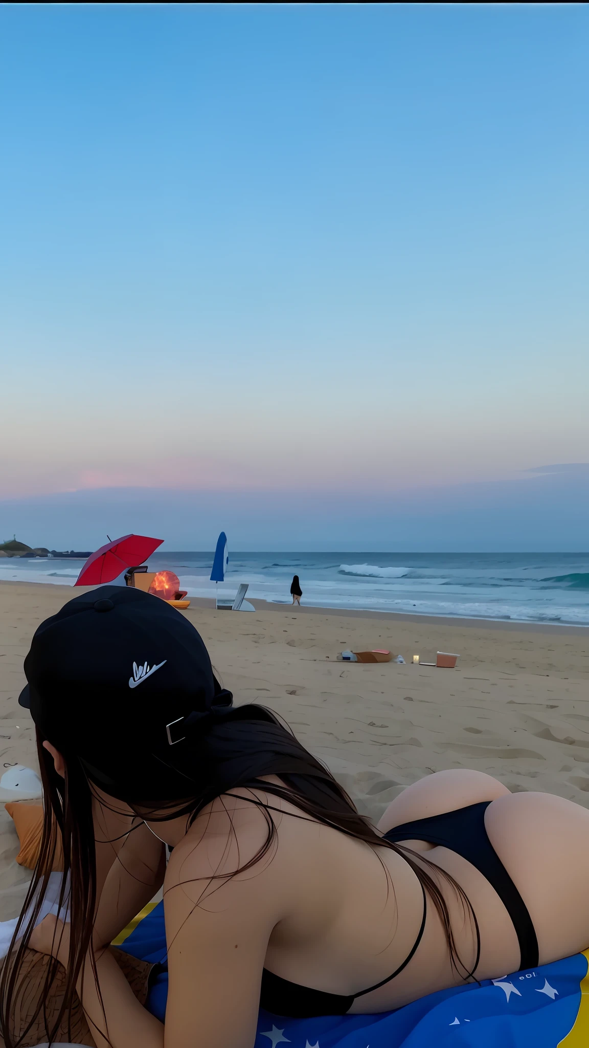 there is a woman laying on a towel on the beach, at the beach on a sunset, at beach at sunset, on the beach during sunset, the ocean in the background, sitting at the beach, in the beach, ocean in the background, beach aesthetic, on the beach at sunset, sunset at the beach, relaxing at the beach, with sunset