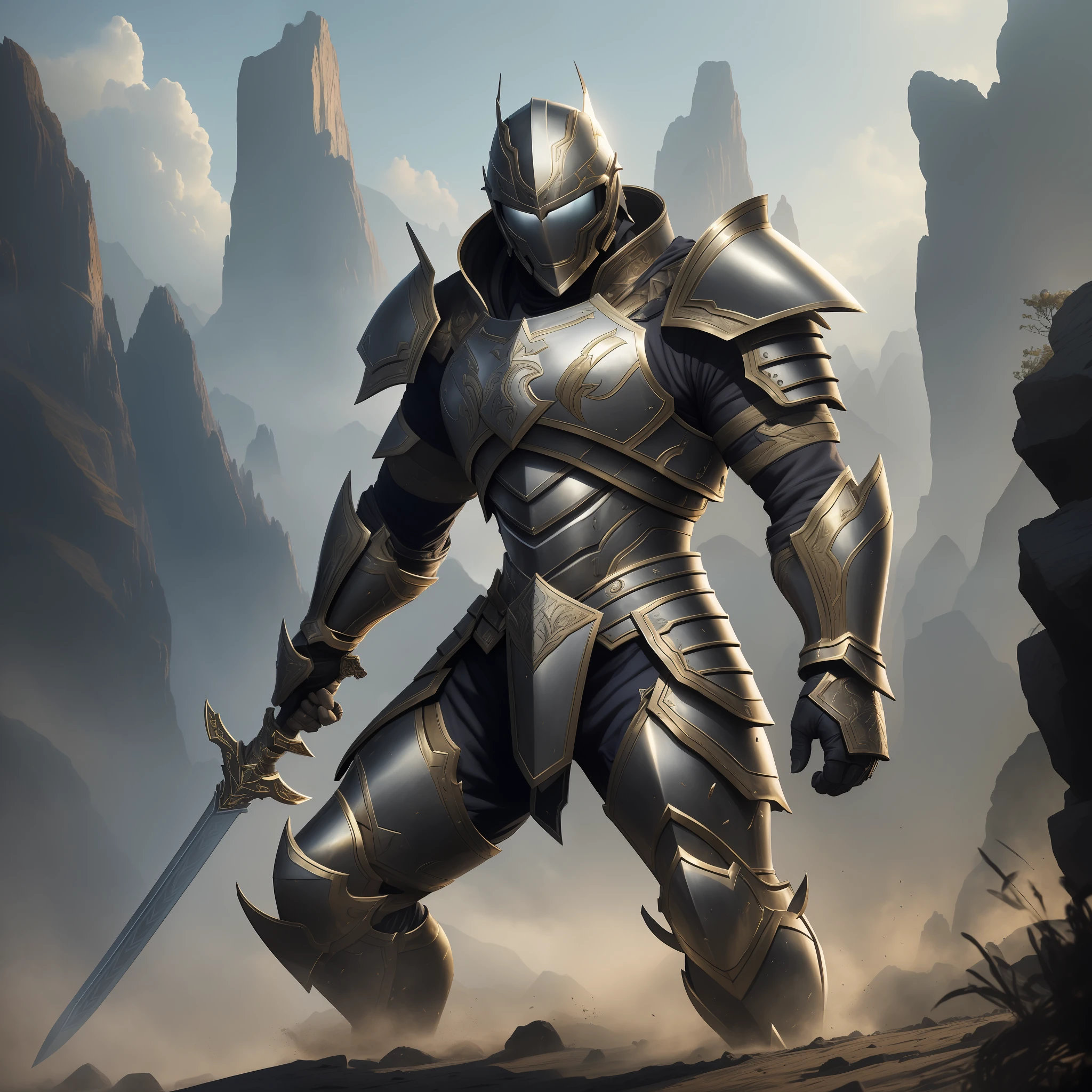 (extremely detailed, masterpiece, best quality, ultra-realistic, dynamic pose), a young warrior ([Iron_Armor]x1.2,[Sword_Behind_Back]x1.3), high contrast, cinematic lighting, dramatic shadows, rugged terrain, [Volumetric_Fog:0.8], a sense of epic adventure. --auto --s2