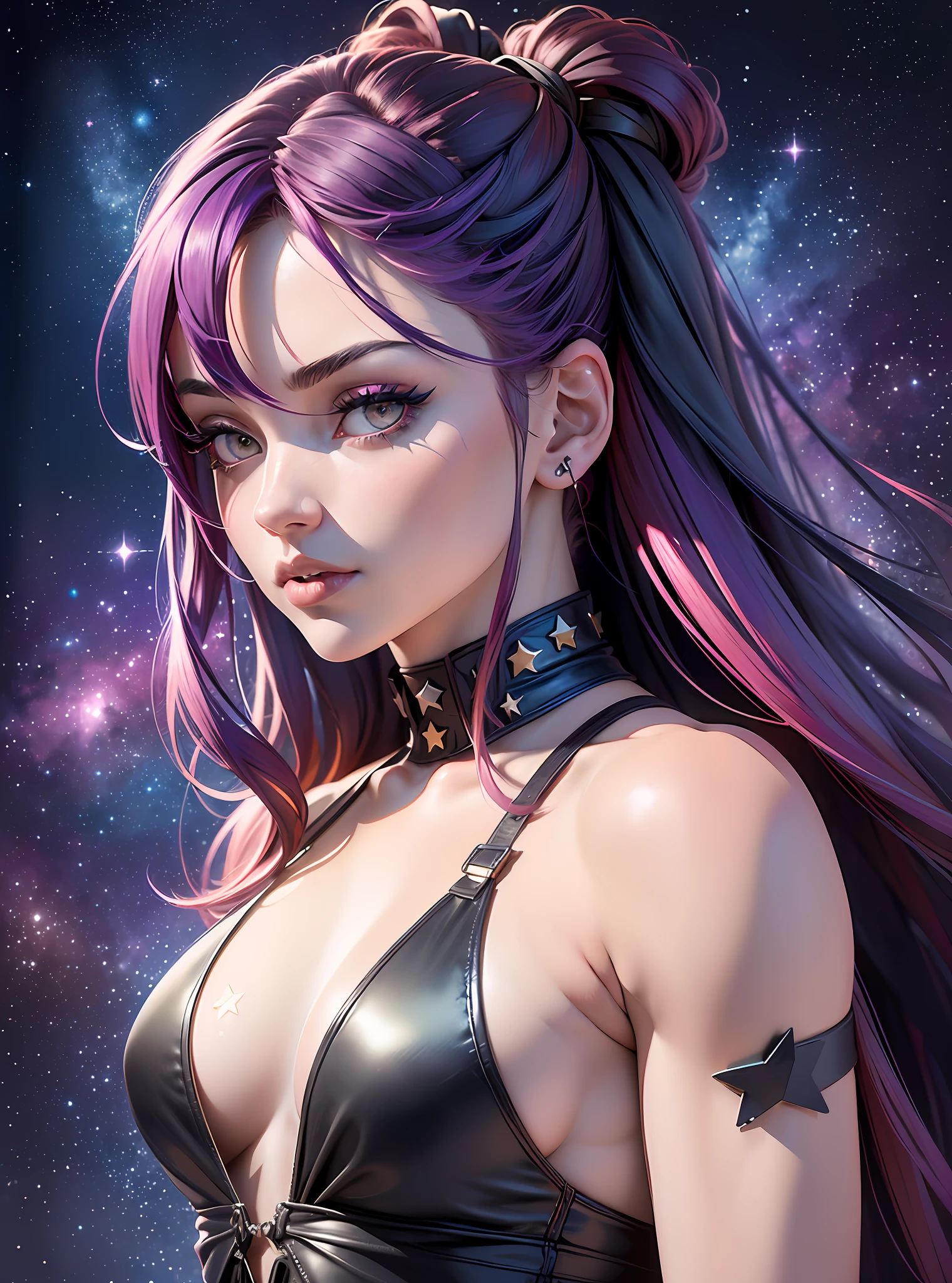 ((Best Quality)), ((Masterpiece)), ((Realistic)) and watercolor drawing of a girl with goth colors. She has ((ruby hair)), wears a (small black micro-thong:star motif ) , ((beautiful and aesthetic)), muscular fit body abs, sexy, under-boobs, hot, (star filled sky background) (clear background:1.35), (particles ,firefly, blue glowing):1.3,