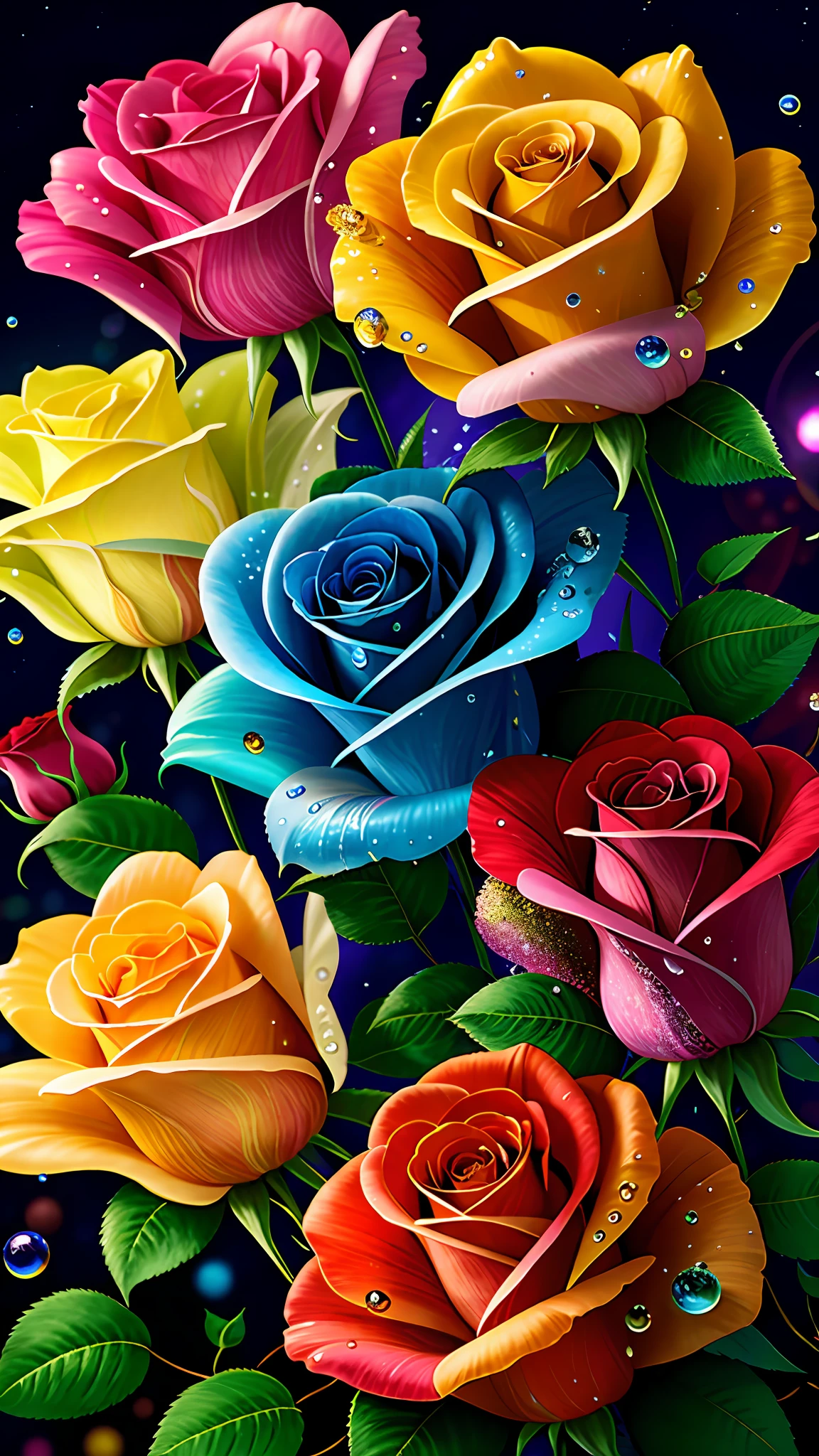 (multi-colored roses+transparent flowers),(water droplets+glowing petals), luminous background, dark foreground, magical light flow, silver vapor surrounding guardian clouds, 8K resolution, amazing visual enjoyment.