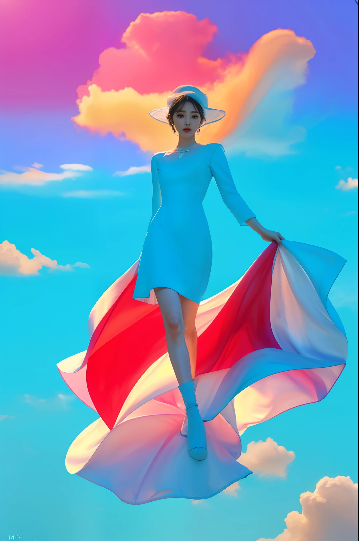(8k, RAW photo, photorealistic:1.25) ,( lip gloss, eyelashes, glossy side, shiny skin, best quality, ultra high resolution, depth of field, chromatic aberration, caustics, wide light, natural shadow, headwear, kpop idol) , (dreamy and romantic compositions: 1.5), light pink and blue style, 1girl, (sky witch: 1.5), tall and thin goddess of beauty, Flowing dress, conservative girl, cloud goddess, flowing white fabric, wearing flowing dress, realistic, blue sky in the background, (wind: 1.5), (full body: 1.5), add_detail,