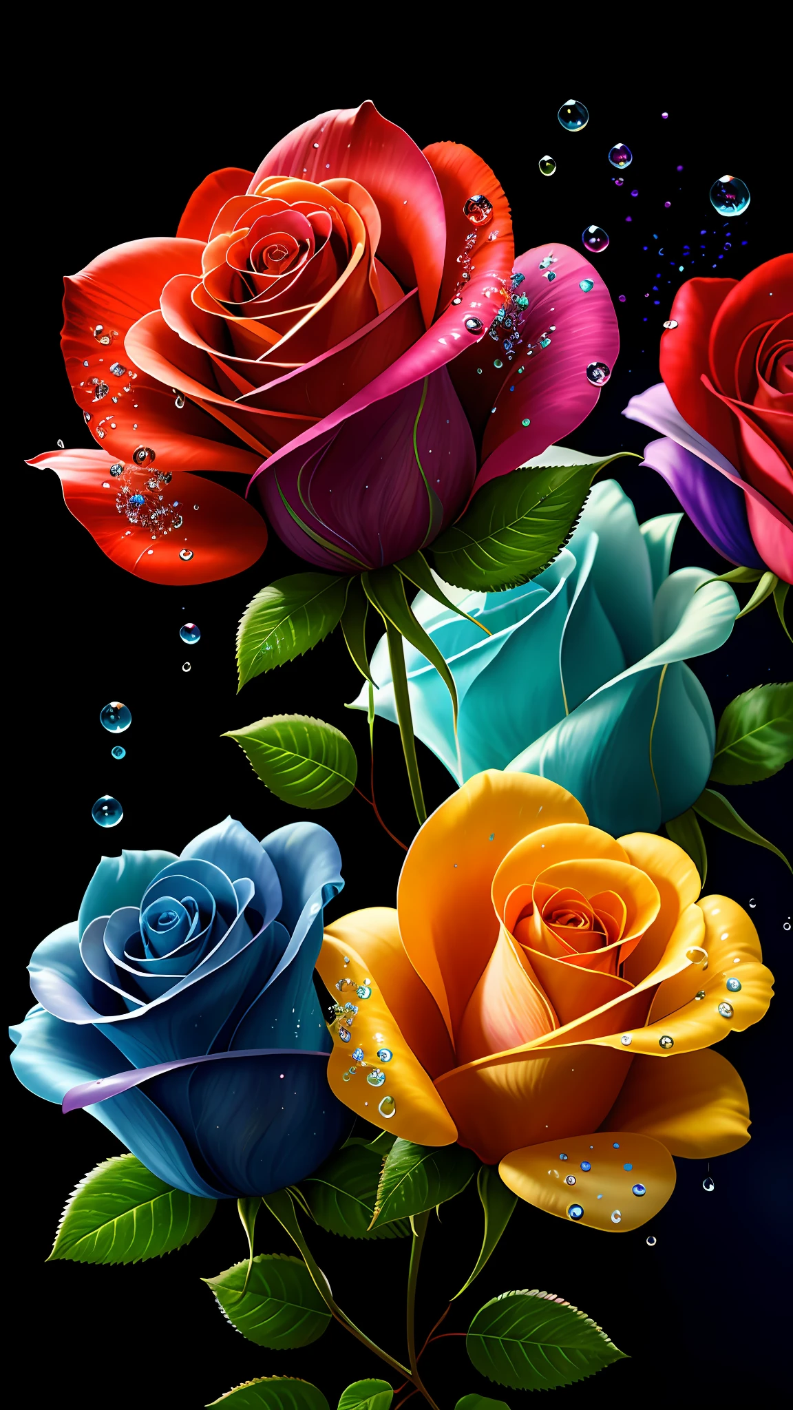 (multi-colored roses+transparent flowers),(water droplets+glowing petals), luminous background, dark foreground, magical light flow, silver vapor surrounding guardian clouds, 8K resolution, amazing visual enjoyment.