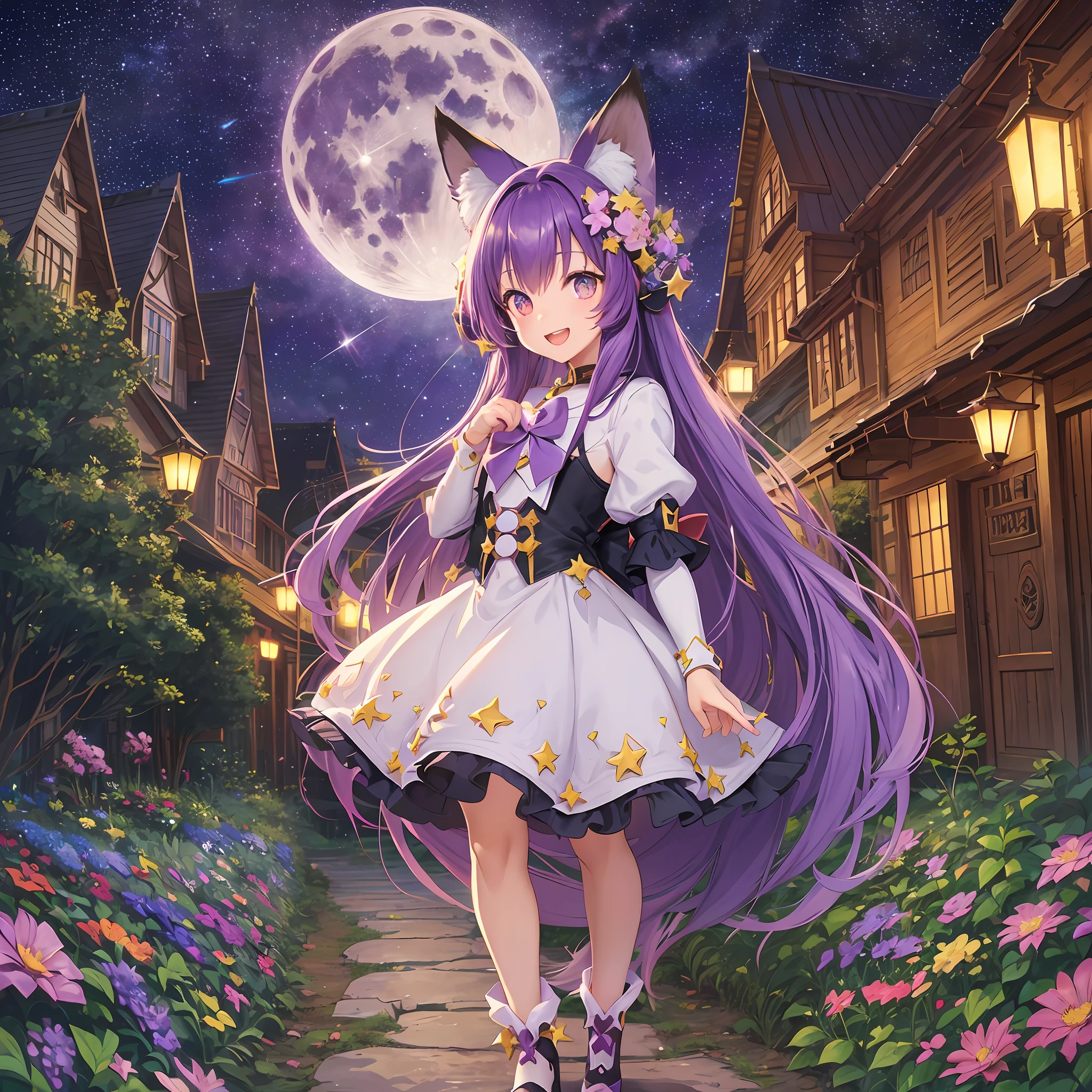 Fox ears, fox tail, purple hair, ((fantasy)), magical girl, standing picture, standing figure, li, pee, (((starry sky)), flower garden, night, milky way, moon, ((full body)), ((masterpiece)), (((anime)), smile, open mouth, front