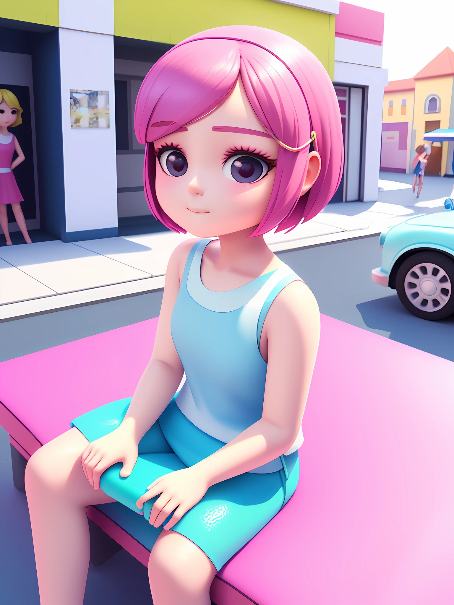 Girl sitting on pool seat, fair skin, delicate face, medium, new pop portrait, fashion illustration, toy core, colorful street scene, realistic, cartoon style rendering, made by Pop Mart: pastel color, blind box toy, fine gloss, clean background, C4D, blender, 3d rendering. Octane rendering.