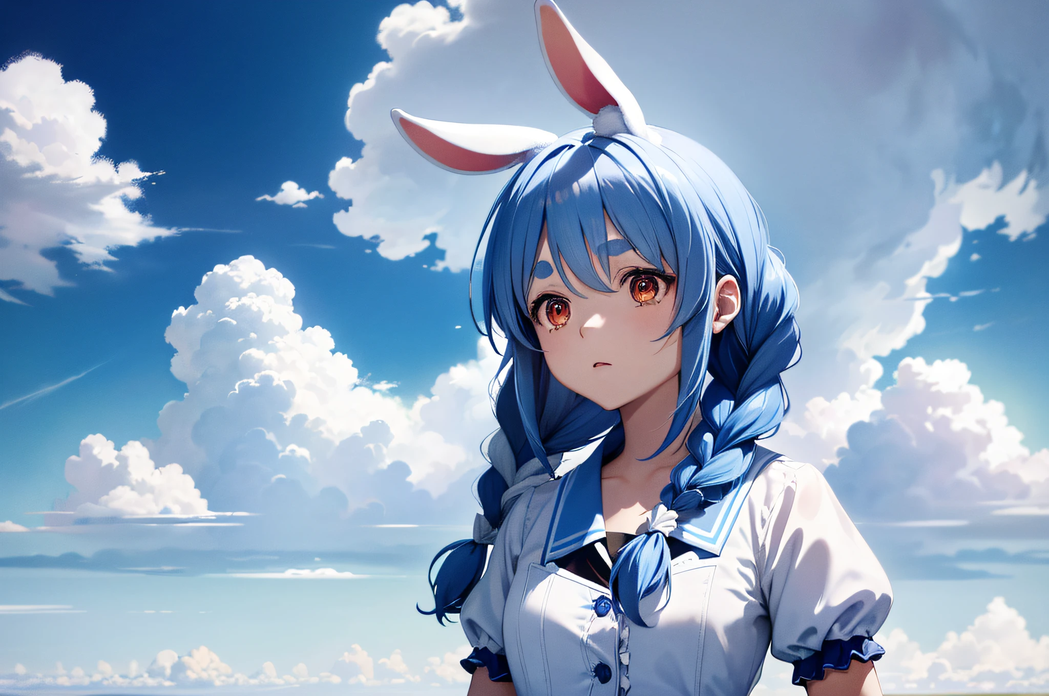 (人物: Usada Pekora), bunny girl, blue hair, twin braids, a girl, solo, absurdres, highres, (official art, beautiful and aesthetic:1.2), close view,
shining sky, vast world, girl, gazing, awe-inspiring expression, distant horizon, clouds, high hill, natural beauty, inspiration, light effects,