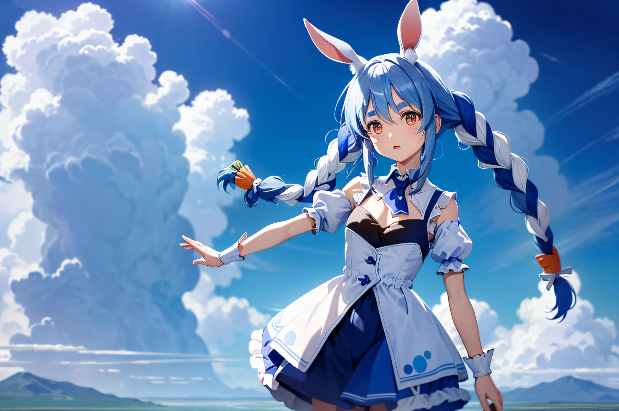 (人物: Usada Pekora), bunny girl, blue hair, twin braids, a girl, solo, absurdres, highres, (official art, beautiful and aesthetic:1.2), close view,
shining sky, vast world, girl, gazing, awe-inspiring expression, distant horizon, clouds, high hill, natural beauty, inspiration, light effects,