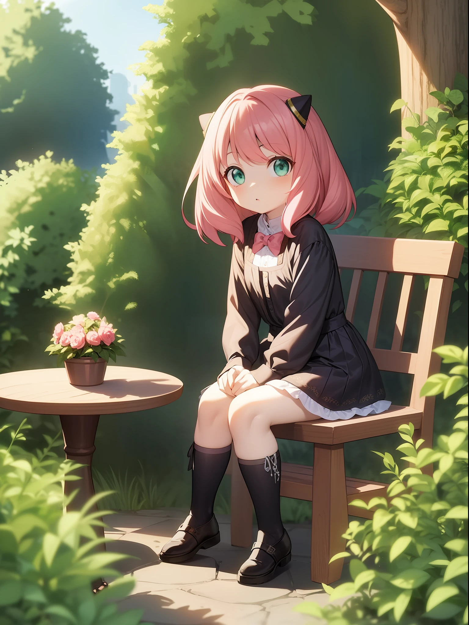 Anya Forger sitting in the garden, (small stature:1.2), black accessory, pink hair, nice environment, super detailed, high quality