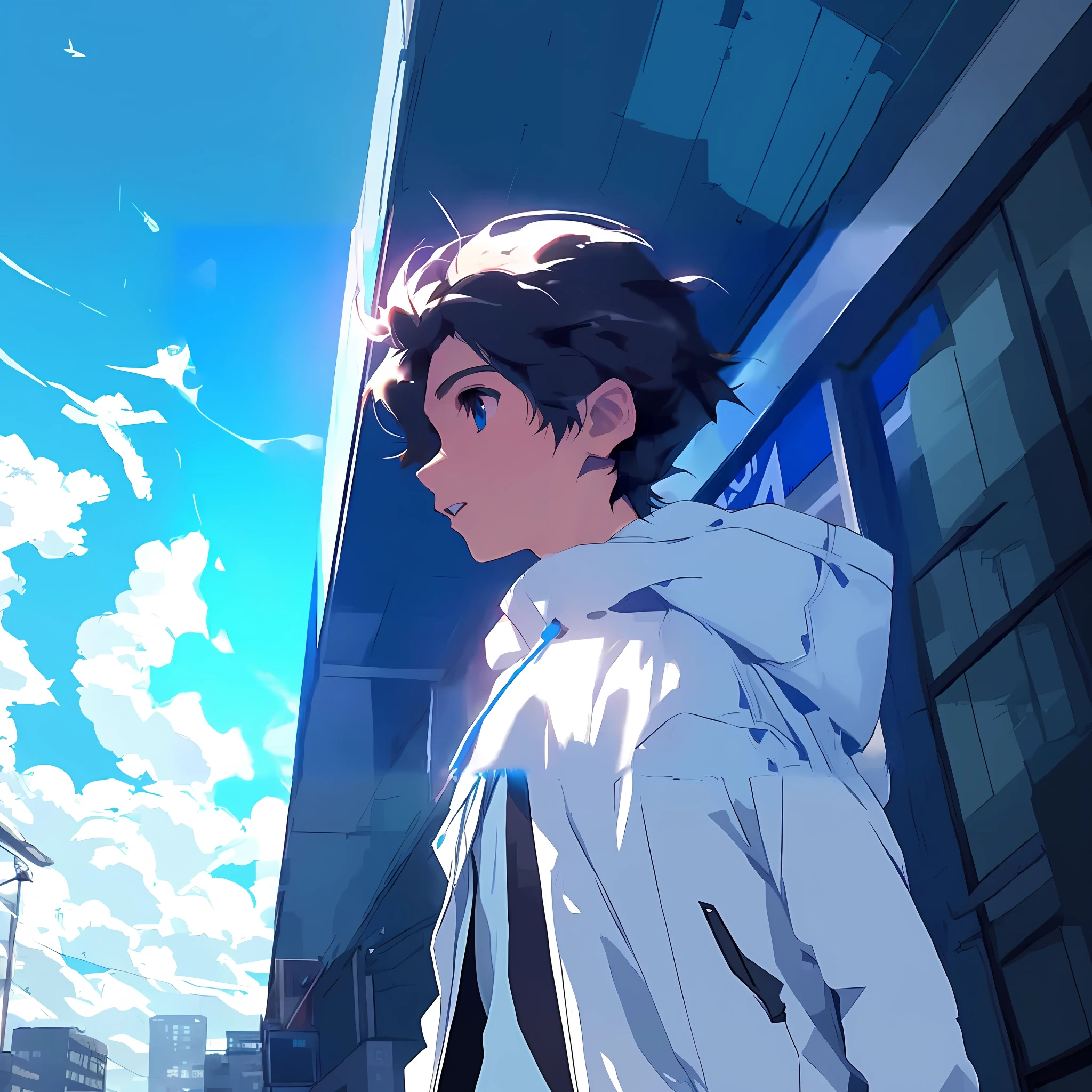 anime boy in a white jacket standing in front of a building, makoto shinkai style, makoto shinkai art style, makoto, high quality anime artstyle, ilya kuvshinov style, makoto shinkai. digital render, kuvshinov ilya, ilya kuvshinov. 4 k, makoto shinkai!, rin