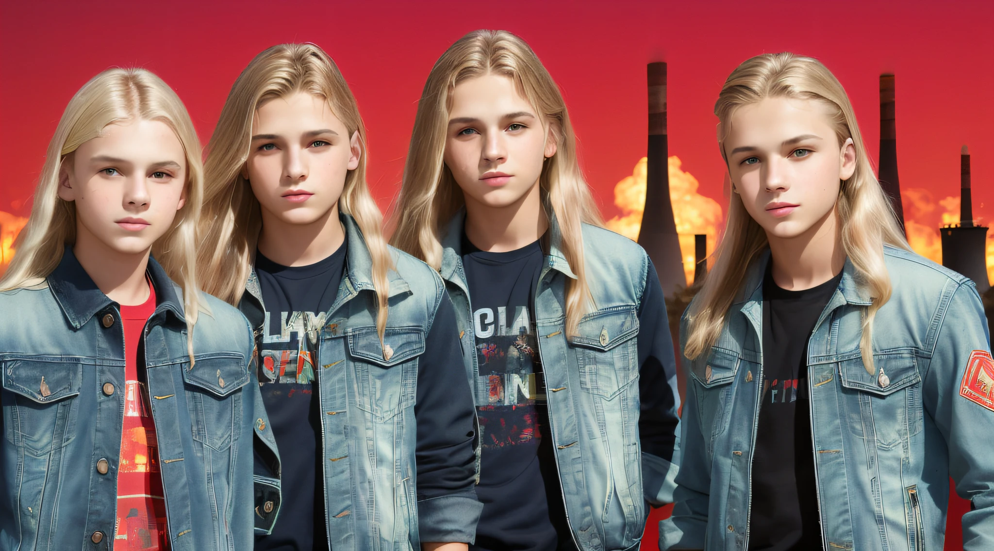 14-YEAR-OLD BOYS, PORTRAIT, WITH LONG BLOND HAIR, WITH SLEEVELESS DENIM JACKETS AND BLACK CLOTHING, nuclear power plant with radioactive barrels in a field, nuclear wasteland, nuclear wasteland, post-nuclear fallout, future of nuclear energy, nuclear fallout, radioactive wasteland, nuclear power, nuclear power, nuclear reactor, nuclear aftermath, post-nuclear, nuclear power plant, nuclear, radioactive particles,  nuclear art, toxic waste, polluted, radioactive peak field, pollution, RED BACKGROUND.