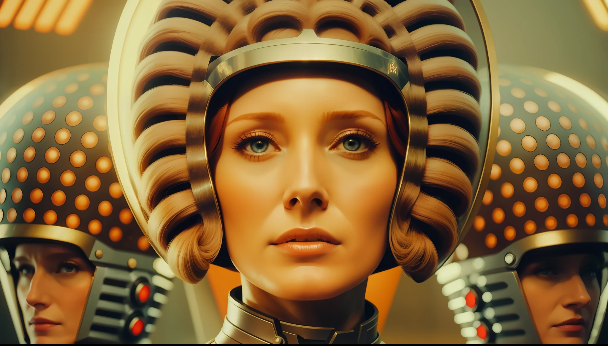 a woman (Lotte Verbeek) in a sci - themed helmet surrounded by other people, a colorized photo by Barron Storey, featured on cgsociety, retrofuturism, reimagined by industrial light and magic, 1970s, futuristic