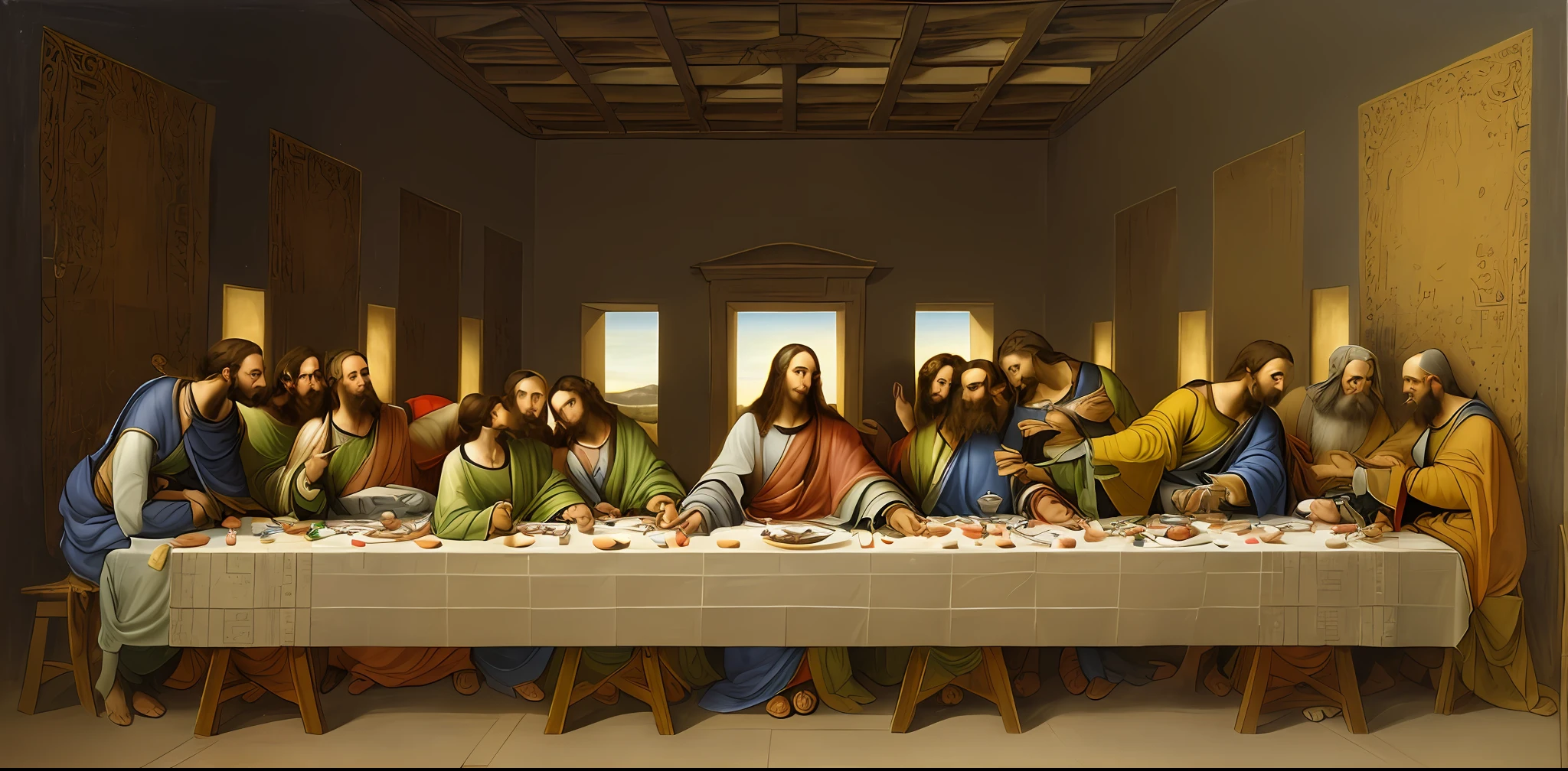 painting of a painting of a group of people sitting at a table, the last supper painting, called 'the last supper', the last supper, last supper, last supper composition, !!posing_as_last_supper, last supper realistic robot, aliens in the last supper, renaissance religious painting, da vinci painting, dnd last supper, biblical painting, biblical art style --auto --s2
