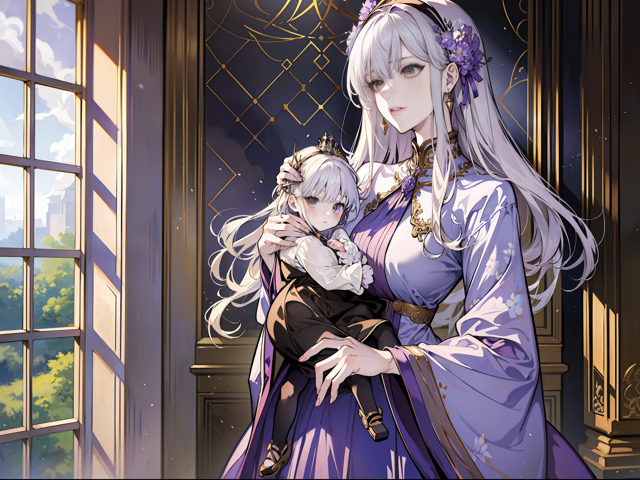 (absurd, high resolution), (panorama), ccurate, anime, high detail, a woman, mature, beautiful, tall, queen's dress, lilac complex dress, fine, brown eyes, pale blonde hair, wearing a silver crown, irritated, serious, in the palace, magical, antique, holding a baby, vista