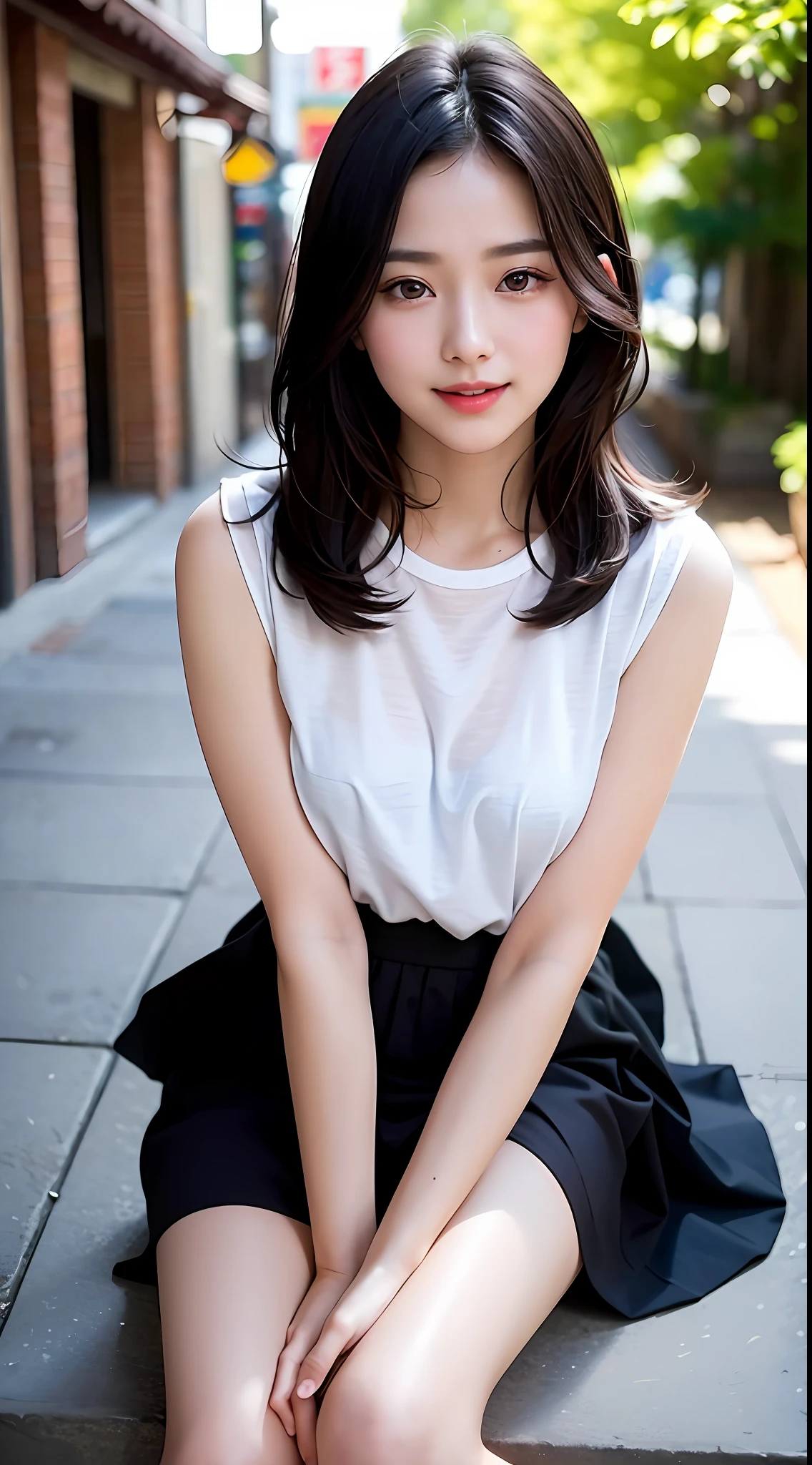 Masterpiece, best picture quality, beautiful girl, 20 years old, dark hair, short hair, high school girl, short skirt, scantily clad, waist up, sunny street background, detailed eyes, big eyes, swollen eyes, depressed eyes, smiling, realistic photo, real photo, double eyelids, Japanese girl, beautiful Asian girl, looking straight ahead, close-up, adult female, sexy, D cup, bright professional proof, stylish, slender, clean skin, beautiful feet,