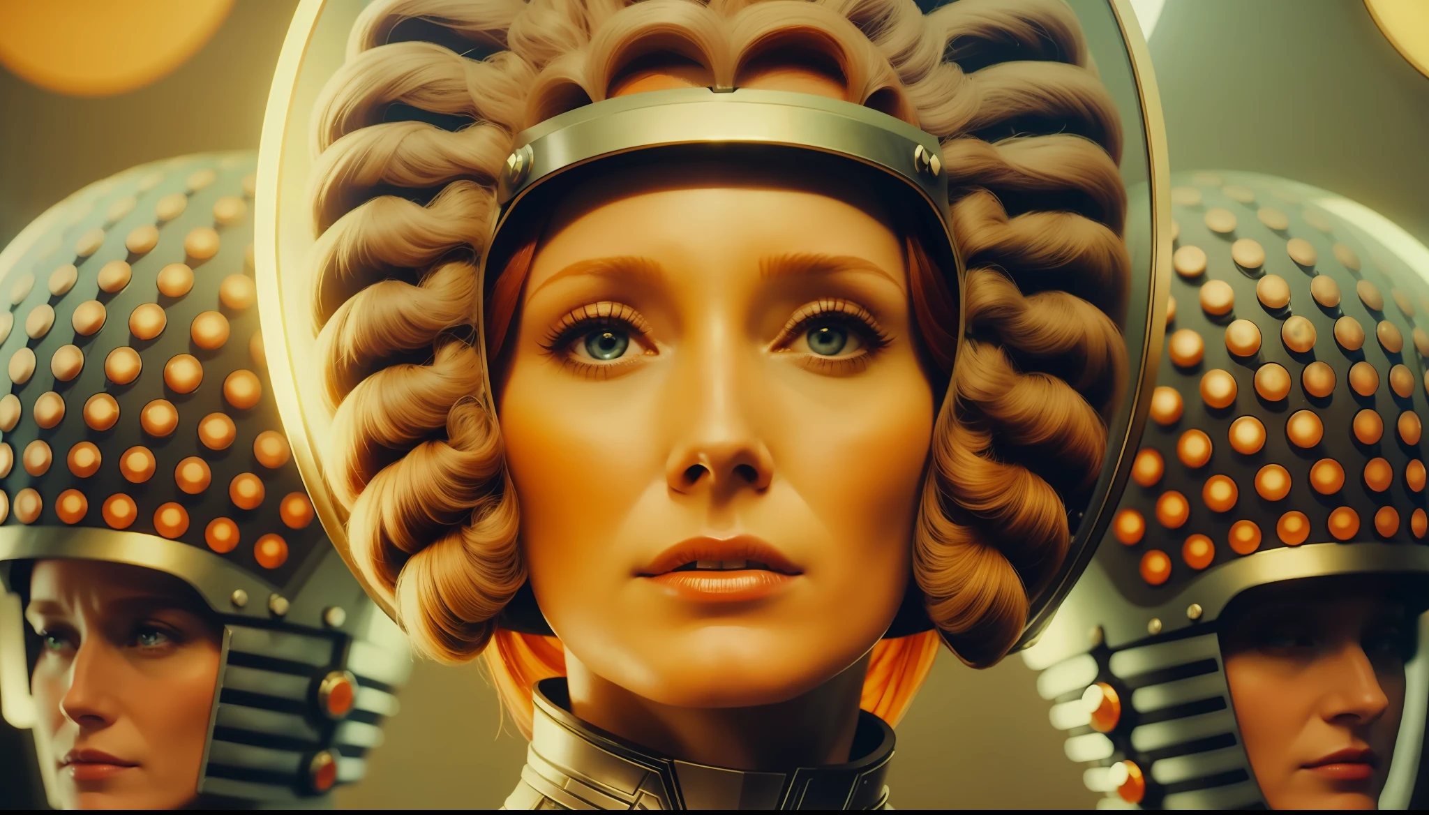 a woman (Lotte Verbeek) in a sci - themed helmet surrounded by other people, a colorized photo by Barron Storey, featured on cgsociety, retrofuturism, reimagined by industrial light and magic, 1970s, futuristic