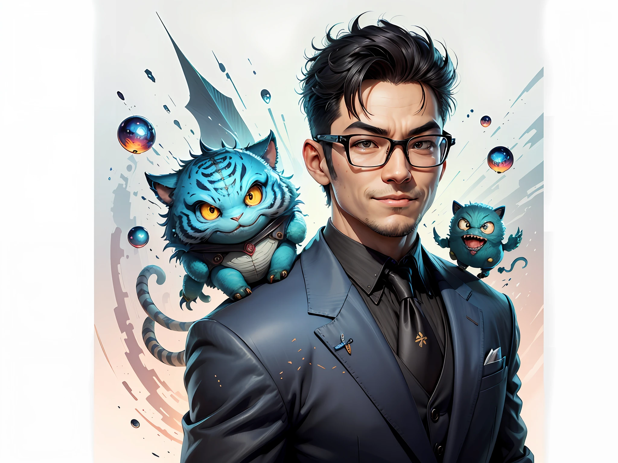 (Masterpiece), (Excellent), (Super Detailed), (Full Body: 1.2), Super Young Man, Oriental Face, Japanese Wind and Thunder, Dragon, Tiger, TV Anchor, Bust Portrait Illustration, Alone, Black Formal Suit, Blue Tie, Slightly Chubby Face, Silver Glasses, Very Clean Face, No Beard, Black Super Short Hair, Black Eyes, Confident Smile, 3c Computer Sub-Products, iPad, iPhone, Digital Painting, 3D Character Design by Akira Toriyama and Mark Claireden and Pixar and Hayao Miyazaki, The illustration is a high-definition illustration in 4K resolution with very detailed facial features and cartoon-style visuals.
