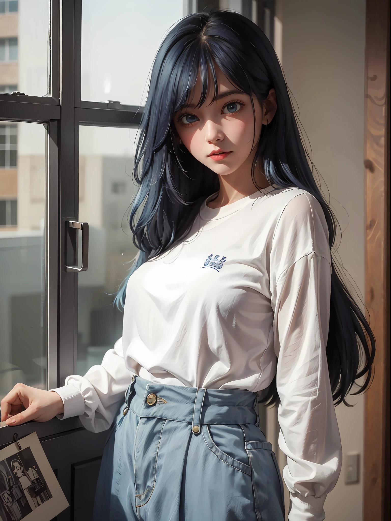 (RAW photo, highest quality, masterpiece: 1.2), (realistic, photoreal: 1.4), (masterpiece: 1.4), (best quality: 1.4), 1 girl, solo, :d, cartoon girl with long hair and black and white drawings, she has a cute expressive face, a little happy look, and her expression is solemn, she has a distant look, blue hair, a girl who is wriggling, puffs out her mouth, big eyes, Like anime,