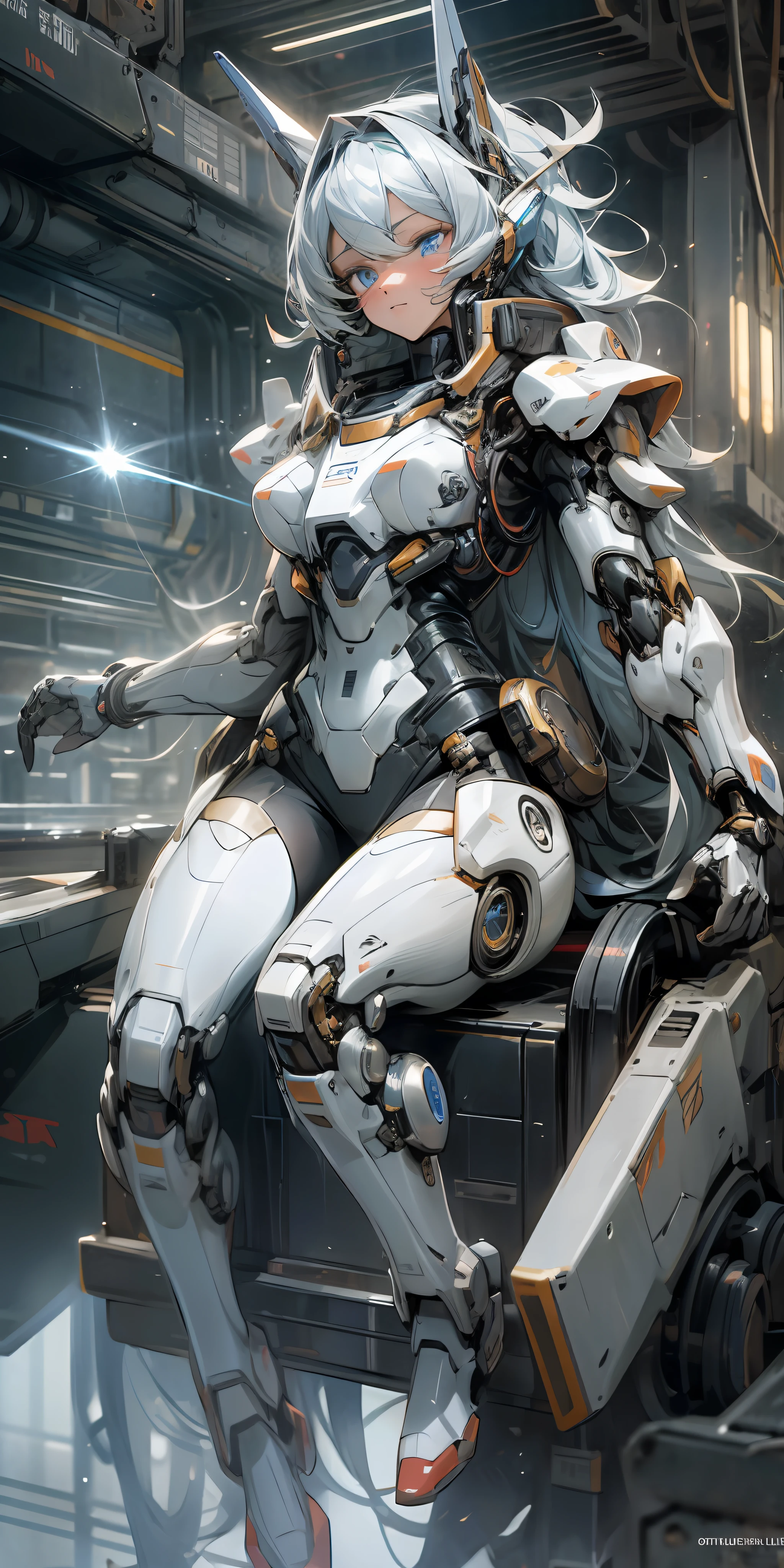 Cool mecha core style, mecha concept art, the surface of the machine has a lot of mechanical devices and armor, looks very strong. The girl sits in front of the machine in the cockpit, blue eyes, long white hair, thin body, semi-mechanical body, laser spandex oil shiny shiny shiny light lines. Engineer, complex mechanics, detailed details, high quality, 8k, wallpaper