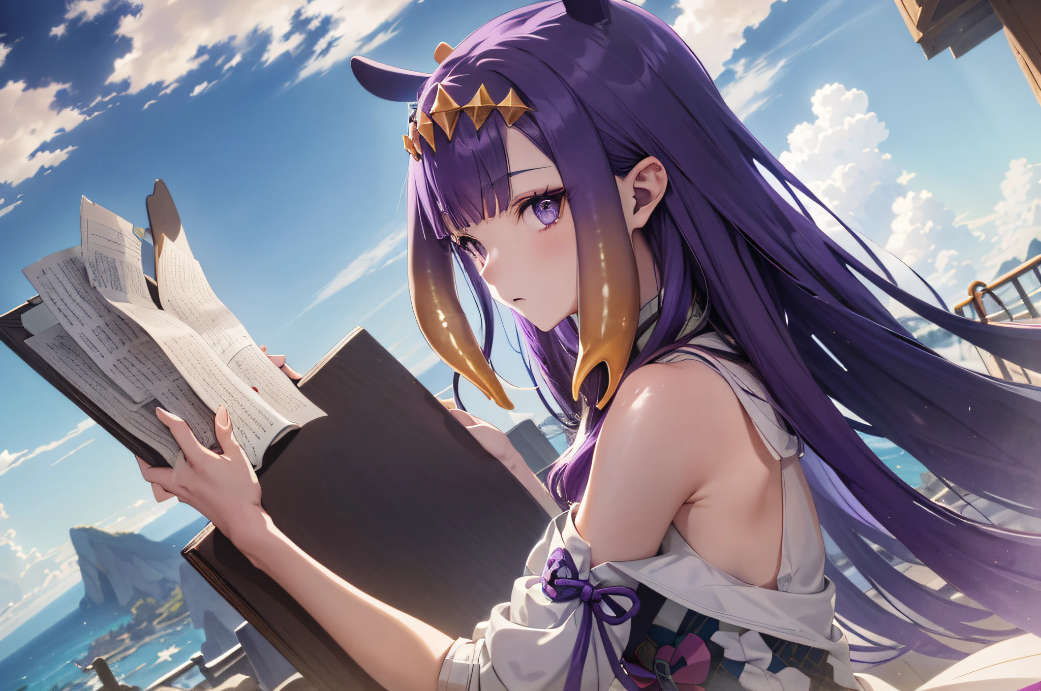 (人物: Ninomae Ina'Nis), {purple hair}, tentacle hair, purple eyes, a golden tiara, absurdres, highres, (official art, beautiful and aesthetic:1.2), close view,
shining sky, vast world, girl, gazing, awe-inspiring expression, distant horizon, clouds, high hill, natural beauty, inspiration, light effects,