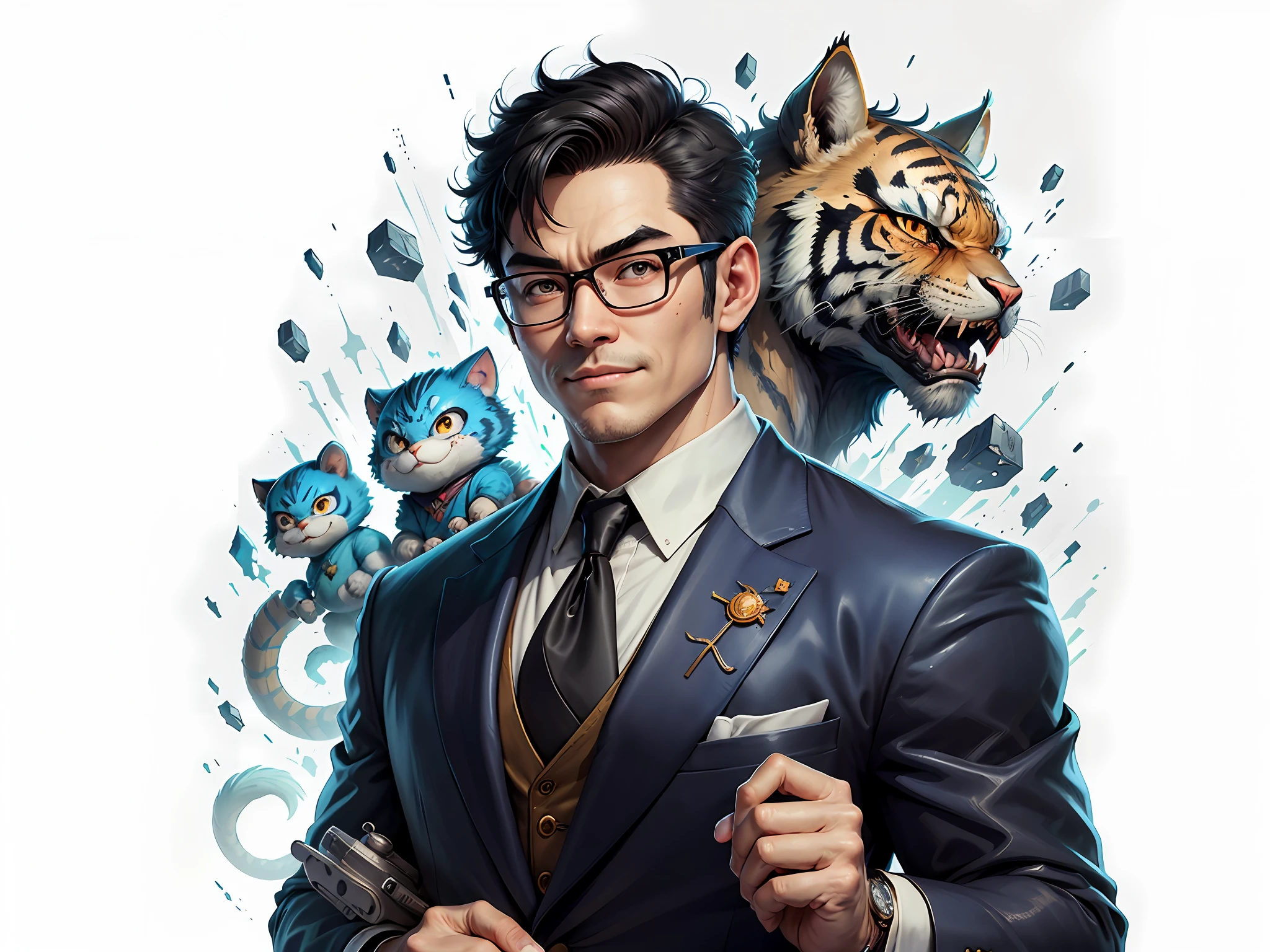 (Masterpiece), (Excellent), (Super Detailed), (Full Body: 1.2), Super Young Man, Oriental Face, Japanese Wind and Thunder, Dragon, Tiger, TV Anchor, Bust Portrait Illustration, Alone, Black Formal Suit, Blue Tie, Slightly Chubby Face, Silver Glasses, Very Clean Face, No Beard, Black Super Short Hair, Black Eyes, Confident Smile, 3c Computer Sub-Products, iPad, iPhone, Digital Painting, 3D Character Design by Akira Toriyama and Mark Claireden and Pixar and Hayao Miyazaki, The illustration is a high-definition illustration in 4K resolution with very detailed facial features and cartoon-style visuals.