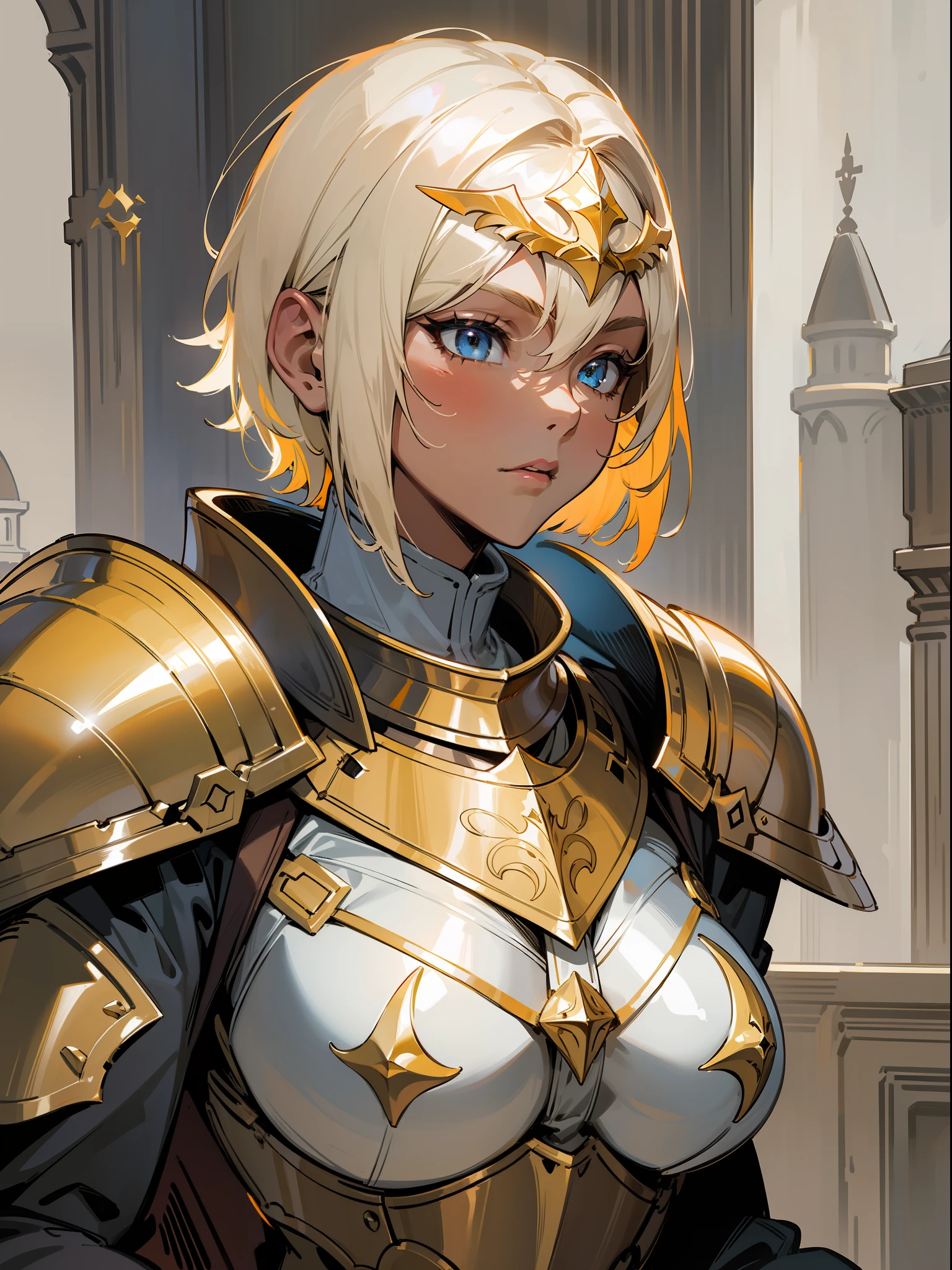 masterpiece, best quality, mature woman, light beige short hair, dark skin, light eyes, paladin, orange golden heavy armor, breastplate, large shoulder pads, fantasy, medieval, dynamic pose, beautiful detailed glow.