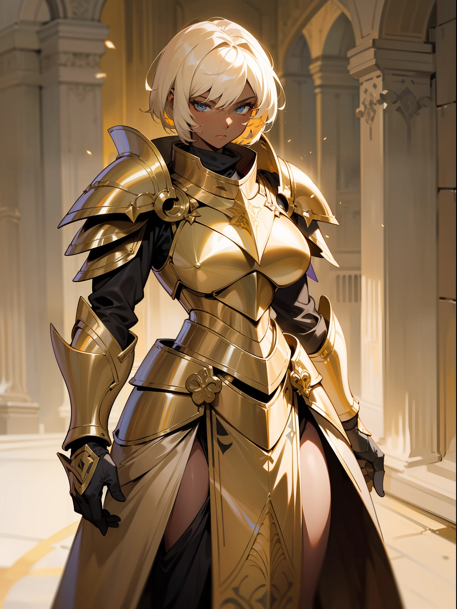 masterpiece, best quality, mature woman, light beige short hair, dark skin, light eyes, paladin, orange golden heavy armor, breastplate, large shoulder pads, fantasy, medieval, dynamic pose, beautiful detailed glow.