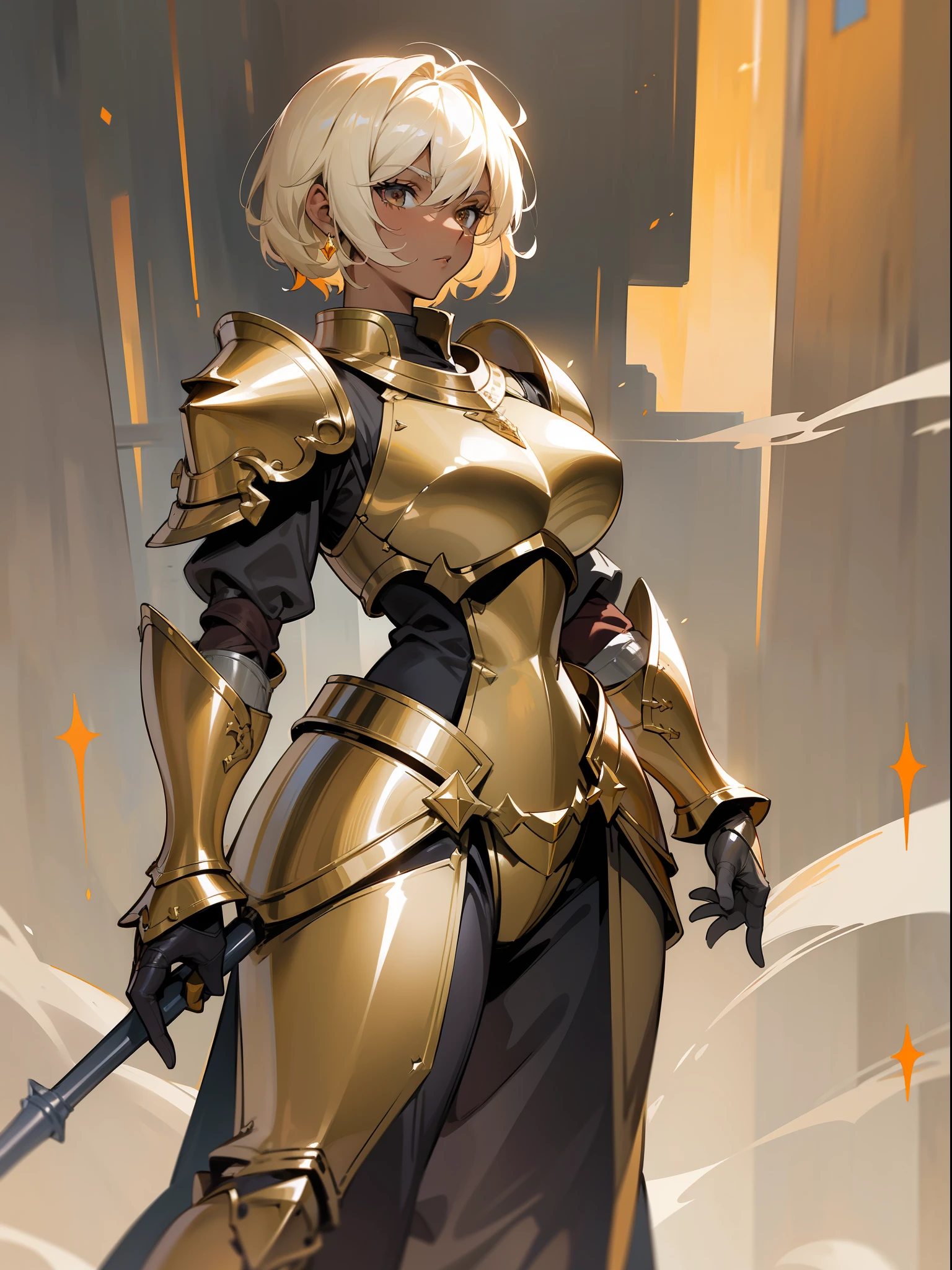 masterpiece, best quality, mature woman, light beige short hair, dark skin, light gray eye, paladin, orange golden heavy armor, breastplate, large shoulder pads, fantasy, medieval, in a battle arena, dynamic pose, beautiful detailed glow.