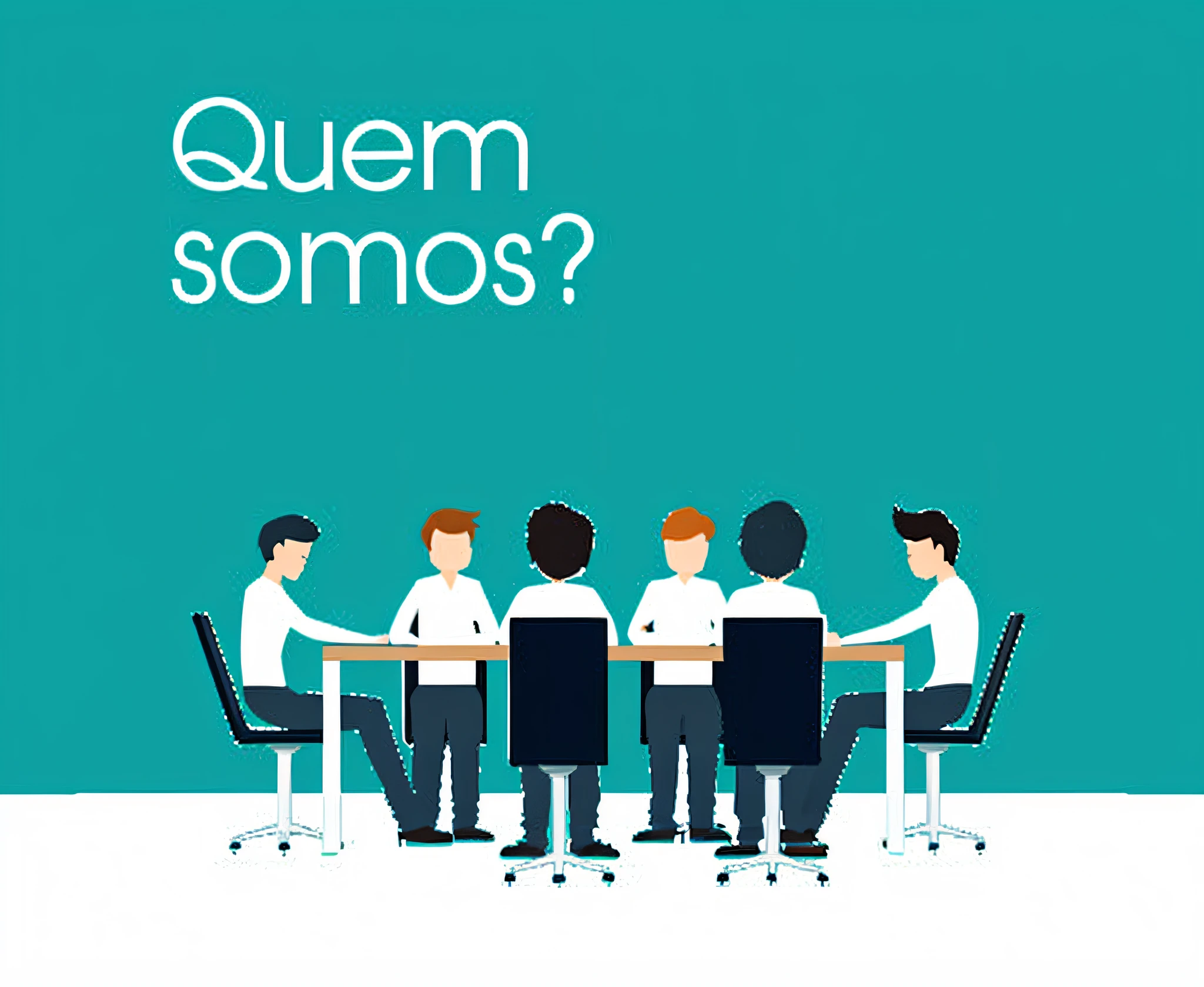 a group of people sitting around a table with a sign that says quem somos, desenho, flat illustration, by Nándor Katona, solid background, simple illustration, by Rodolfo Amoedo, by Antônio Parreiras, sempe, proffesional, in a meeting room, by André Castro, business meeting, marketing