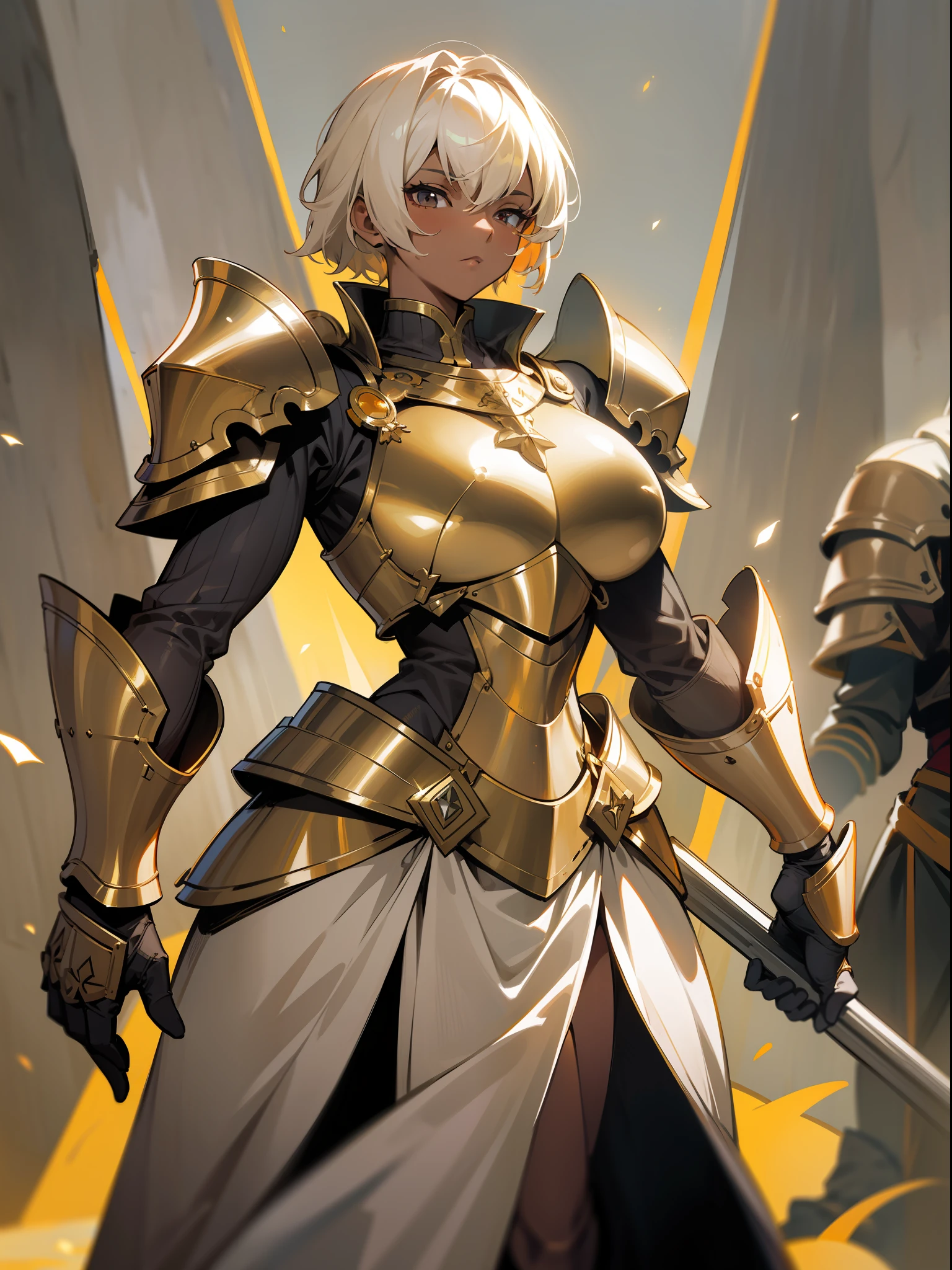 masterpiece, best quality, mature woman, light beige short hair, dark skin, light gray eye, paladin, orange golden heavy armor, breastplate, large shoulder pads, fantasy, medieval, in a battle arena, dynamic pose, beautiful detailed glow.