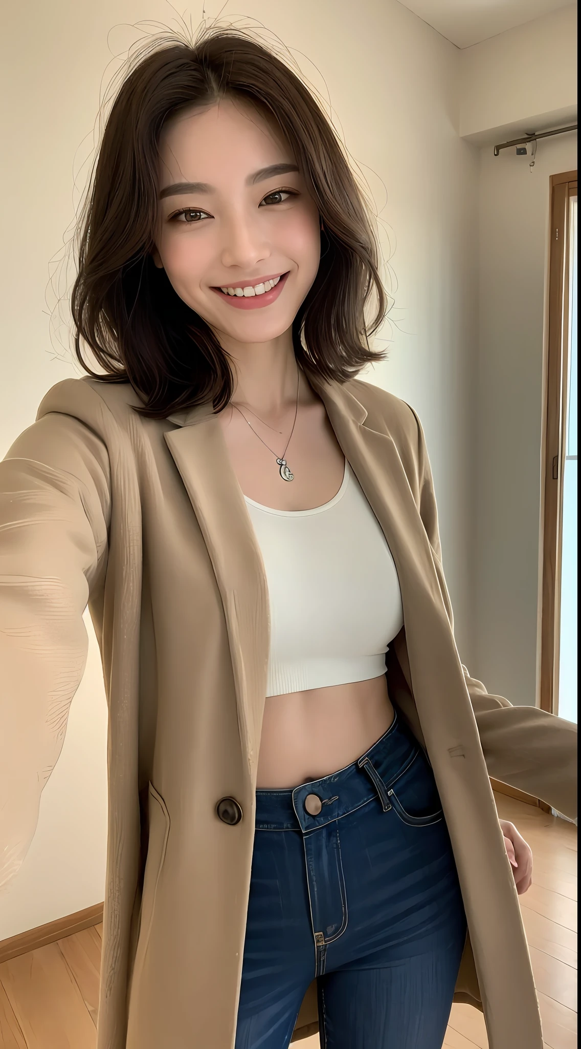 ((Best Quality, 8K, Masterpiece: 1.3)), Selfie, A Beautiful Woman with Perfect Figure: 1.4, Elongated Abs, Dark Brown Short Hair, Small Breasts, Wearing Pendants, Long Coat, Social Shirt, Social Pants,bSmiling Eyes, In Your Room, Natural Light, Highly Detailed Face and Skin Texture, Detailed Eyes, Double Eyelids