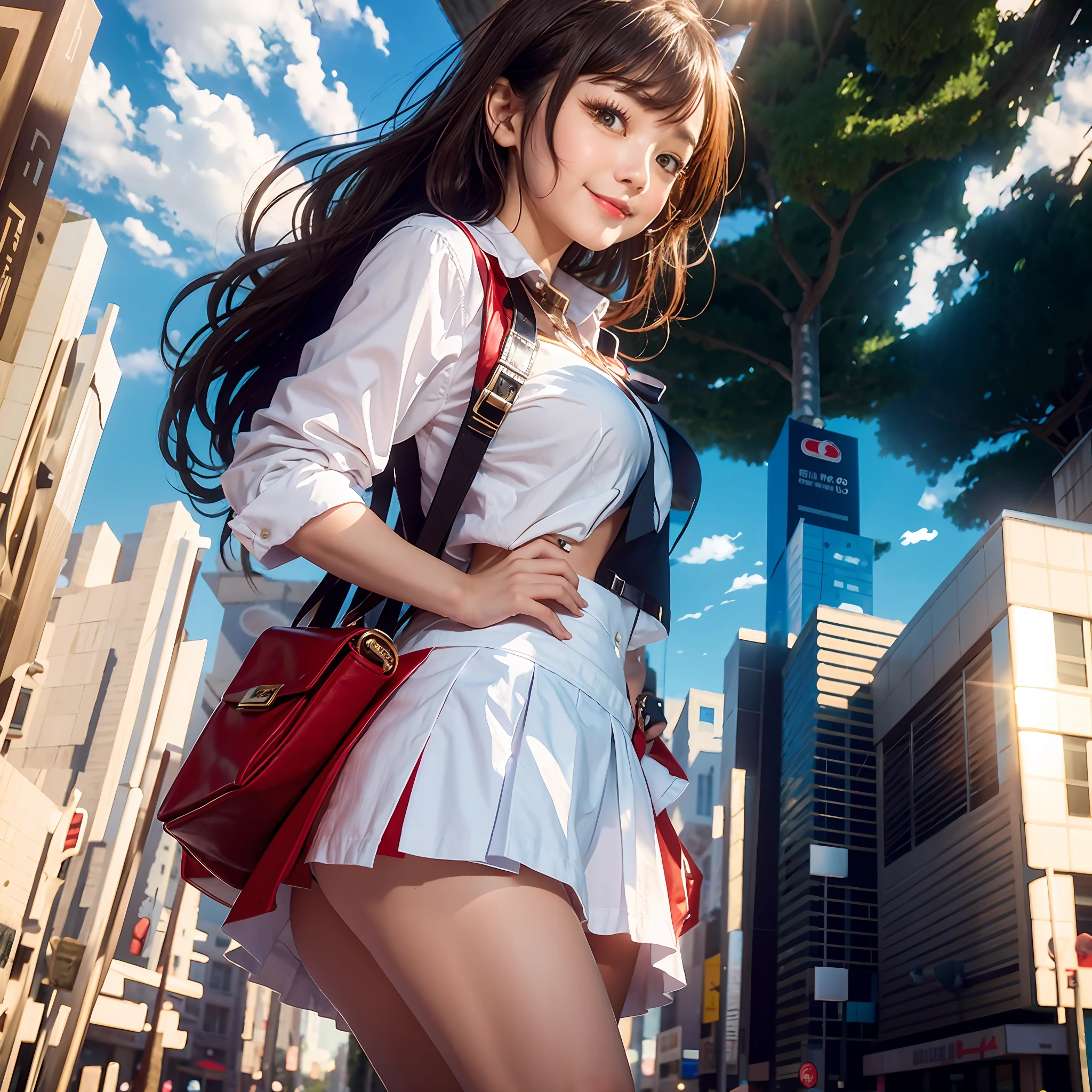 8K, Top Quality, Masterpiece: 1.2), Super Detail, 1 Girl, Cute, Independent, Beautiful Details Sky, More Cafe, Sitting, Date, (Red of the Nose), Smile, Small Beautiful Details Eyes, (Collar Shirt: 1.1), Mini Skirt, Short Hair, Bu, Flowing Hair, Full Body, Cross Your Legs, Normal Breasts, White Panties