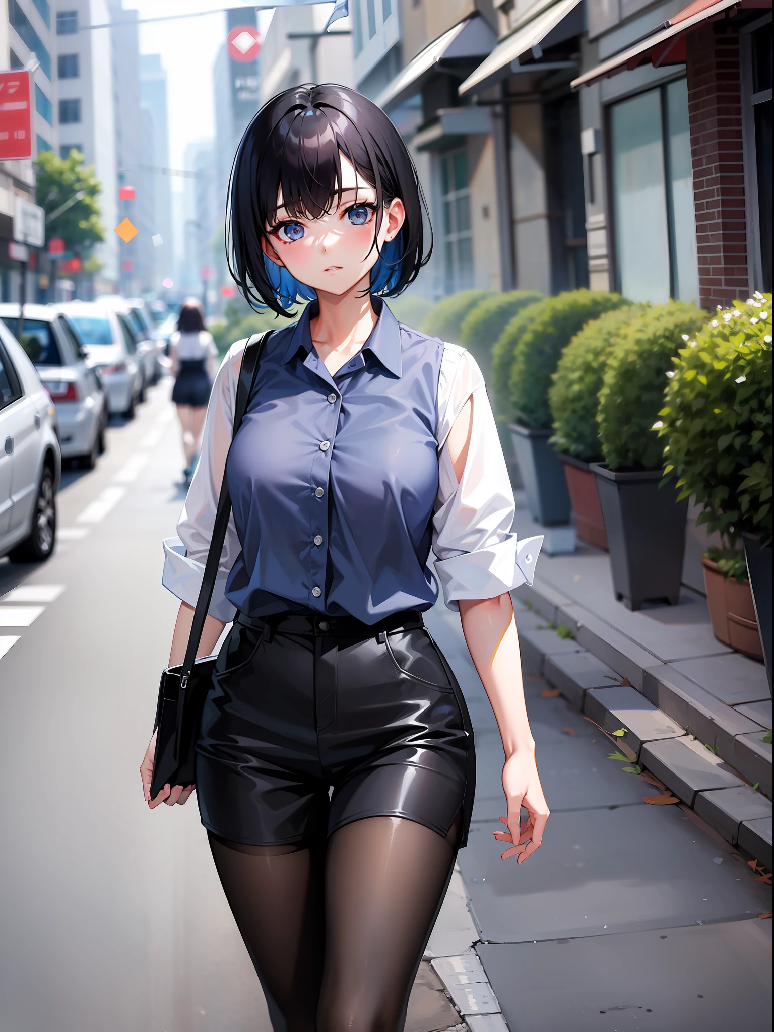 Black hair short, short clothes with white collar sleeves, blue shorts, black pantyhose, girl, outdoor