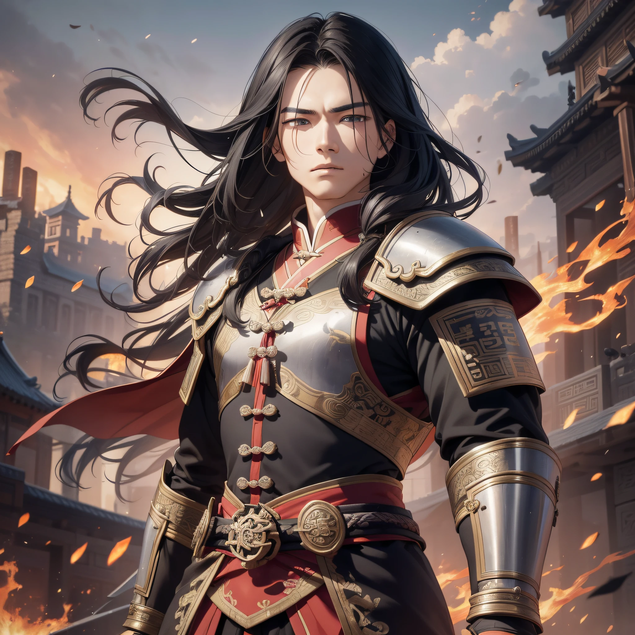 Absurd resolution, high resolution, (masterpiece: 1.4), hyper-detailed, ancient Chinese, black long-haired young man standing in front of ten thousand soldiers (1.3), roaring (1.2), crying (1.2), warrior in ancient Chinese armor, wielding sword, blood, fighting, standing on ancient city walls (1.3), dusk, fire