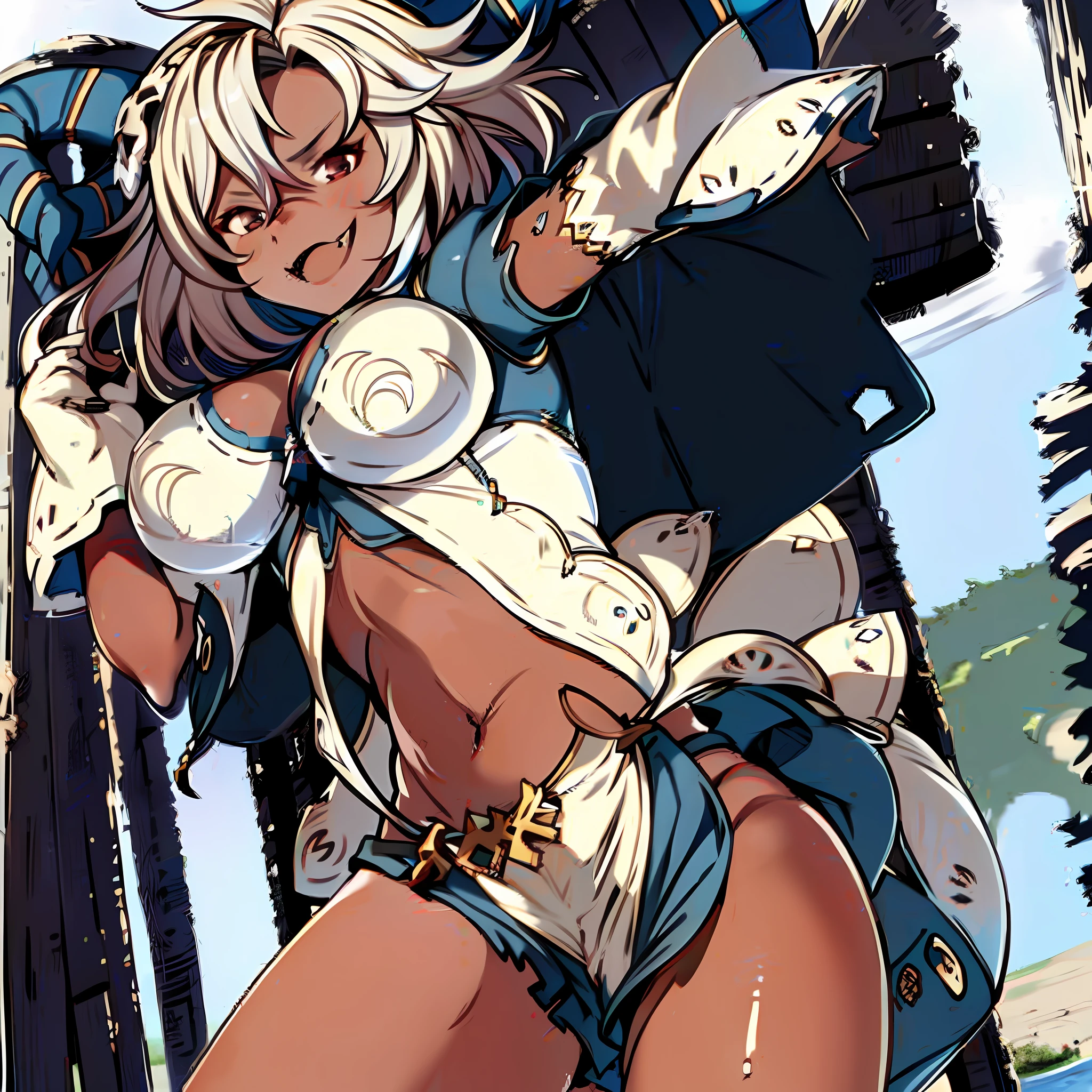 ung_teeirl,brown_hair、medium_bob_hair,blue_midriff_baring_sailor_uniform,mini_skirt,short_sleeve,thigh,huge_,angry,smile,open_mouth,standing,harbor_background, slightly_spread_legs, Happiness, NSFW, short_gloves ,solo
