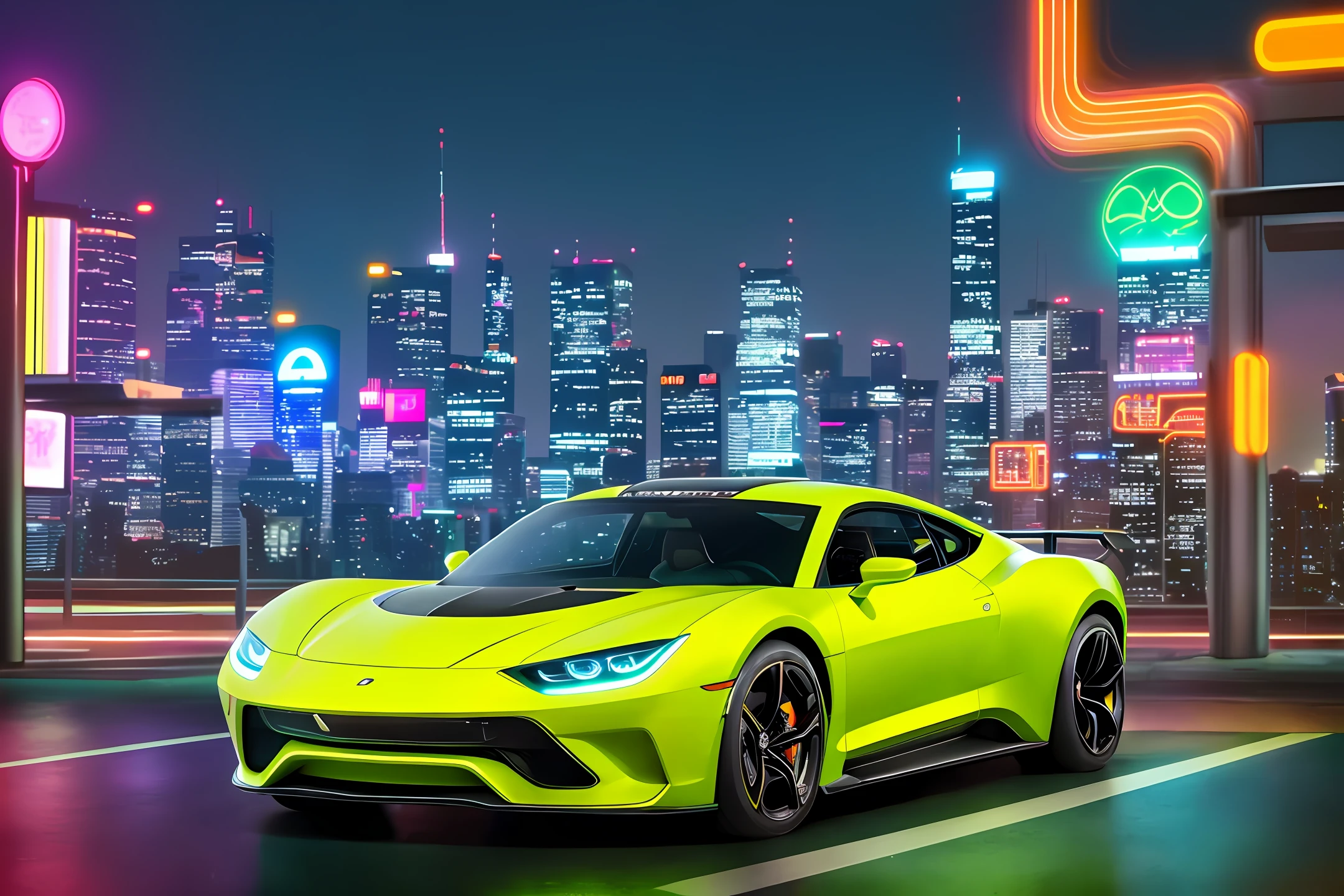 professional photo of a futuristic muscle car with multiple modifications, large wheels, yellow and green Brazil paint, parked, cybernetic hood, cyber car parts, (exotic headlights), mad-max, v8 engine, blower, pop-up headlights, futuristic, car mods, spoiler, science fiction, science fiction scenario, night, natural light, cyberpunk, futuristic city, cyberpunk city, neon signs,  (highly detailed), (highly detailed background), multiple buildings in the background, detailed textures, wide angle, 8k, HDR, professional photoshoot, high quality photo, realistic photo, realistic shadows, detailed shadows, realistic proportions, photographed with a Sony a9 II Mirrorless camera, film grain, raw photo, physics-based rendering, vibrant colors, award-winning image, (color particles).
