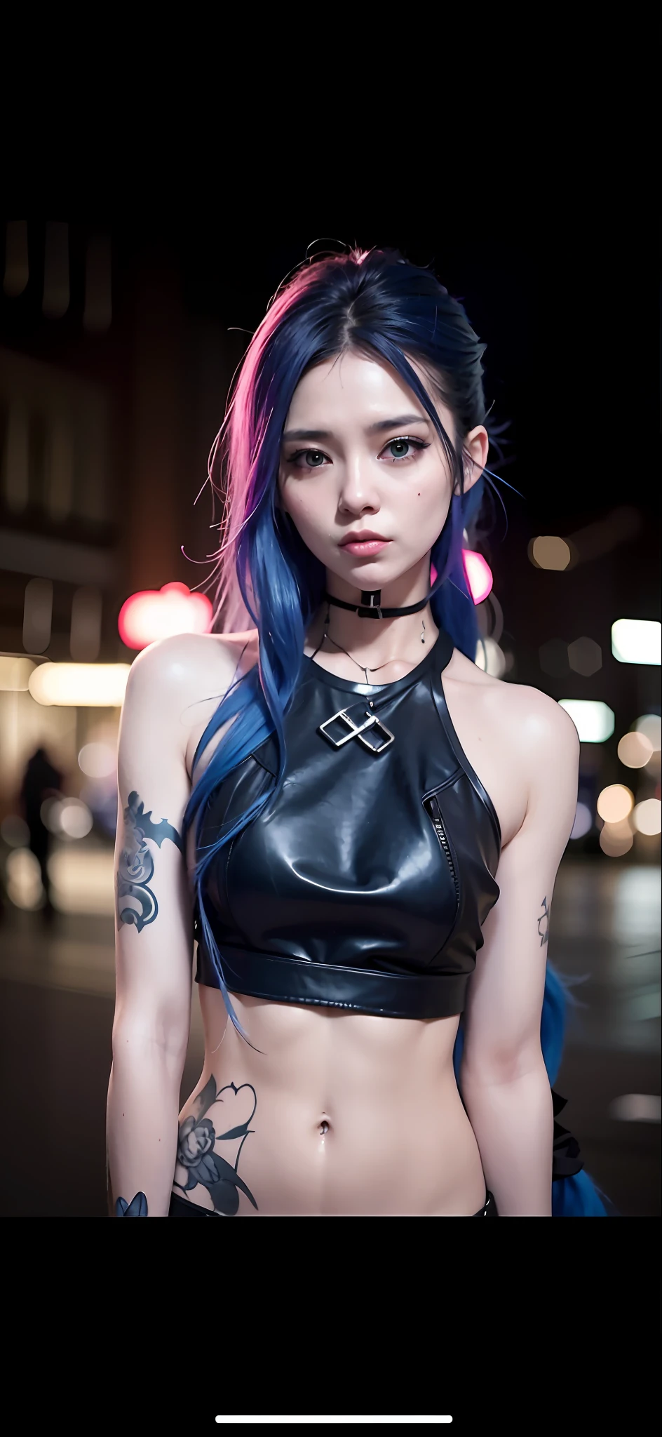 a close up of a woman with blue hair and a black top, cruel korean goth girl, dreamy cyberpunk girl, female cyberpunk anime girl, beautiful cyberpunk woman model, all black cyberpunk clothes, cyberpunk beautiful girl, cyberpunk 2 0 y. o model girl, jet black haired cyberpunk girl, trending on cgstation, wearing cyberpunk streetwear, cyberpunk anime girl, cyberpunk fashion clothing