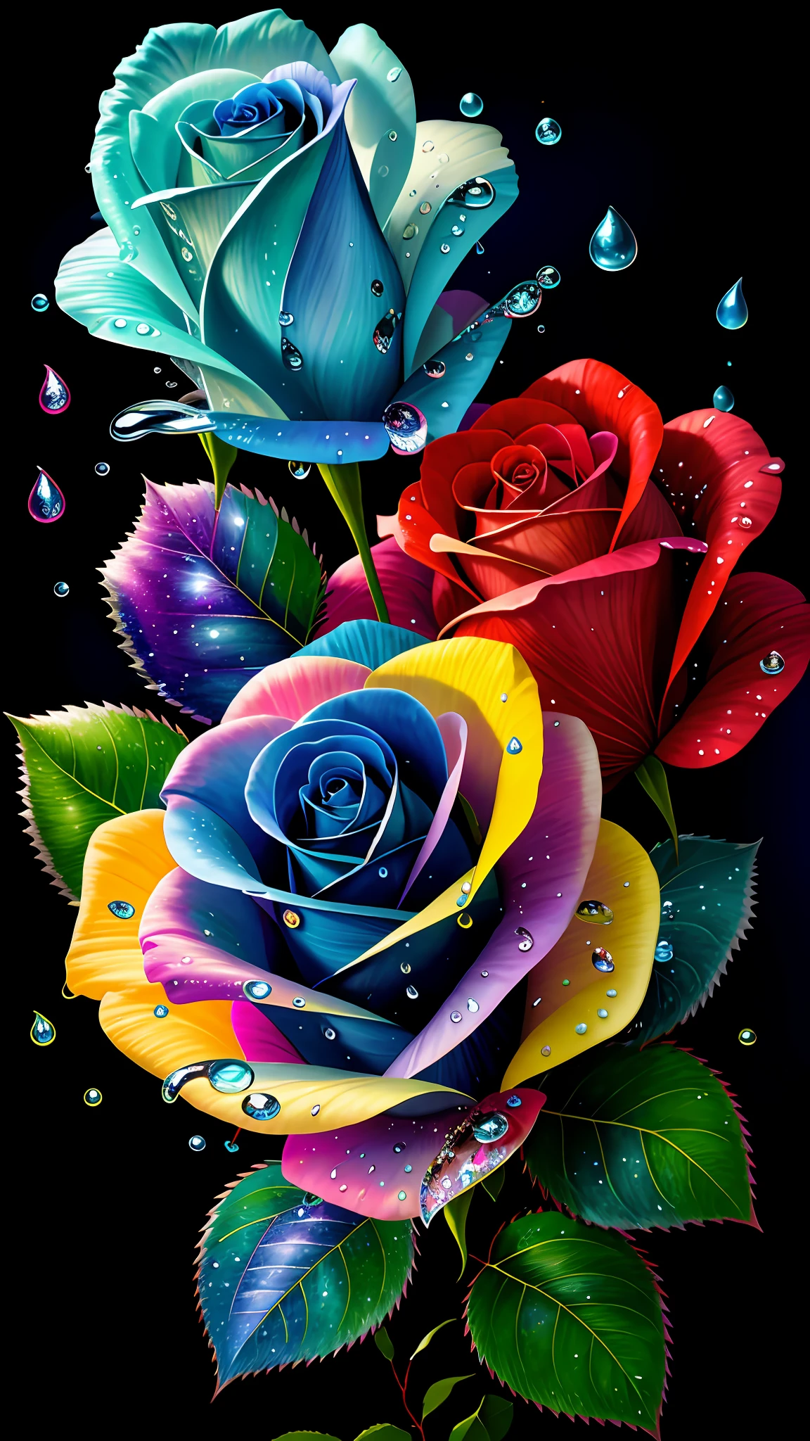 (colorful cold color rose + transparent flowers), (water drops + glowing petals), glowing background, dark foreground, magical light flow, silver vapor around the guardian clouds, 8K resolution, amazing visual enjoyment.