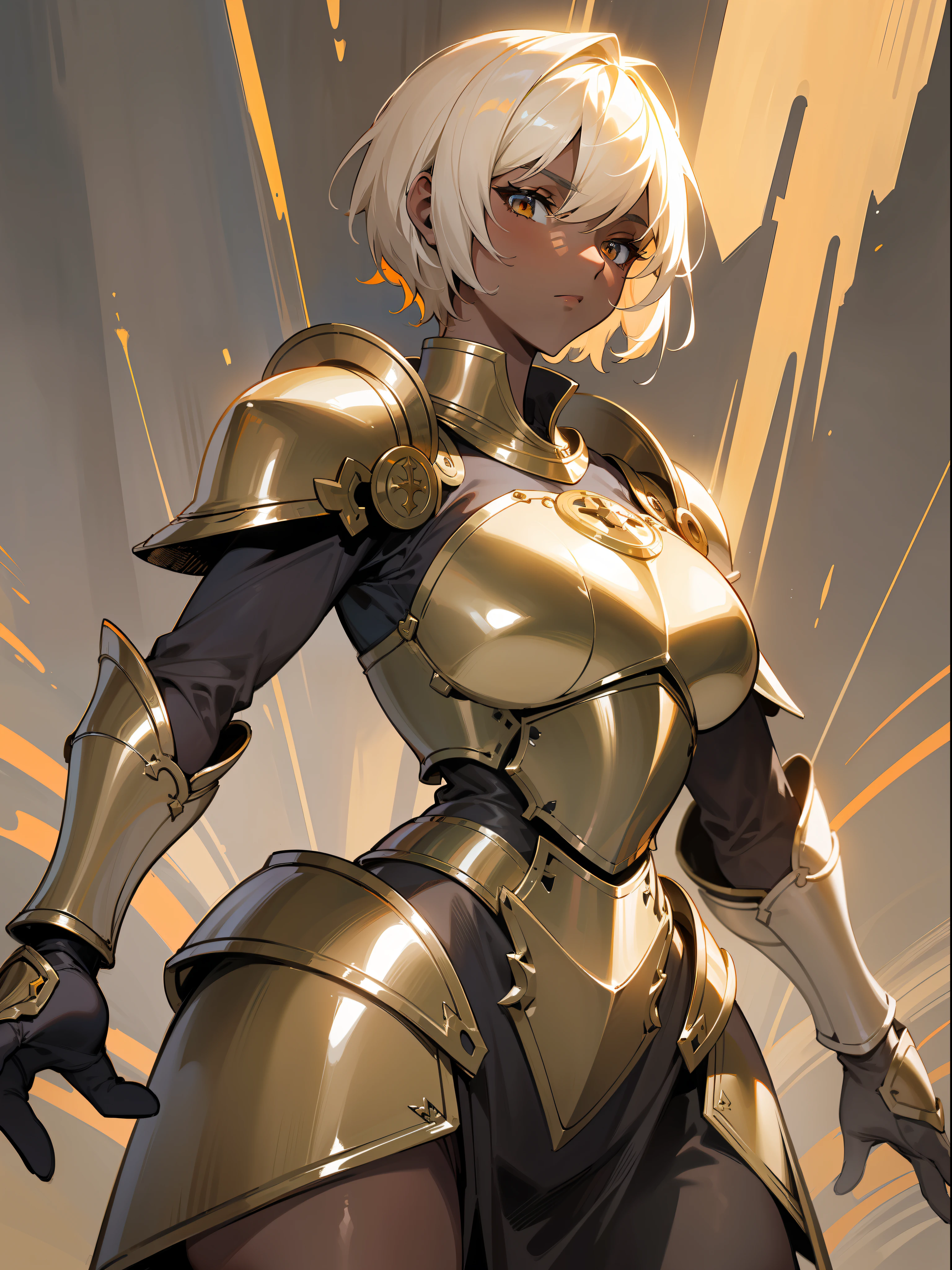 masterpiece, best quality, mature woman, light beige short hair, dark skin, light gray eye, paladin, orange golden heavy armor, breastplate, large shoulder pads, fantasy, medieval, in a battle arena, dynamic pose, beautiful detailed glow.