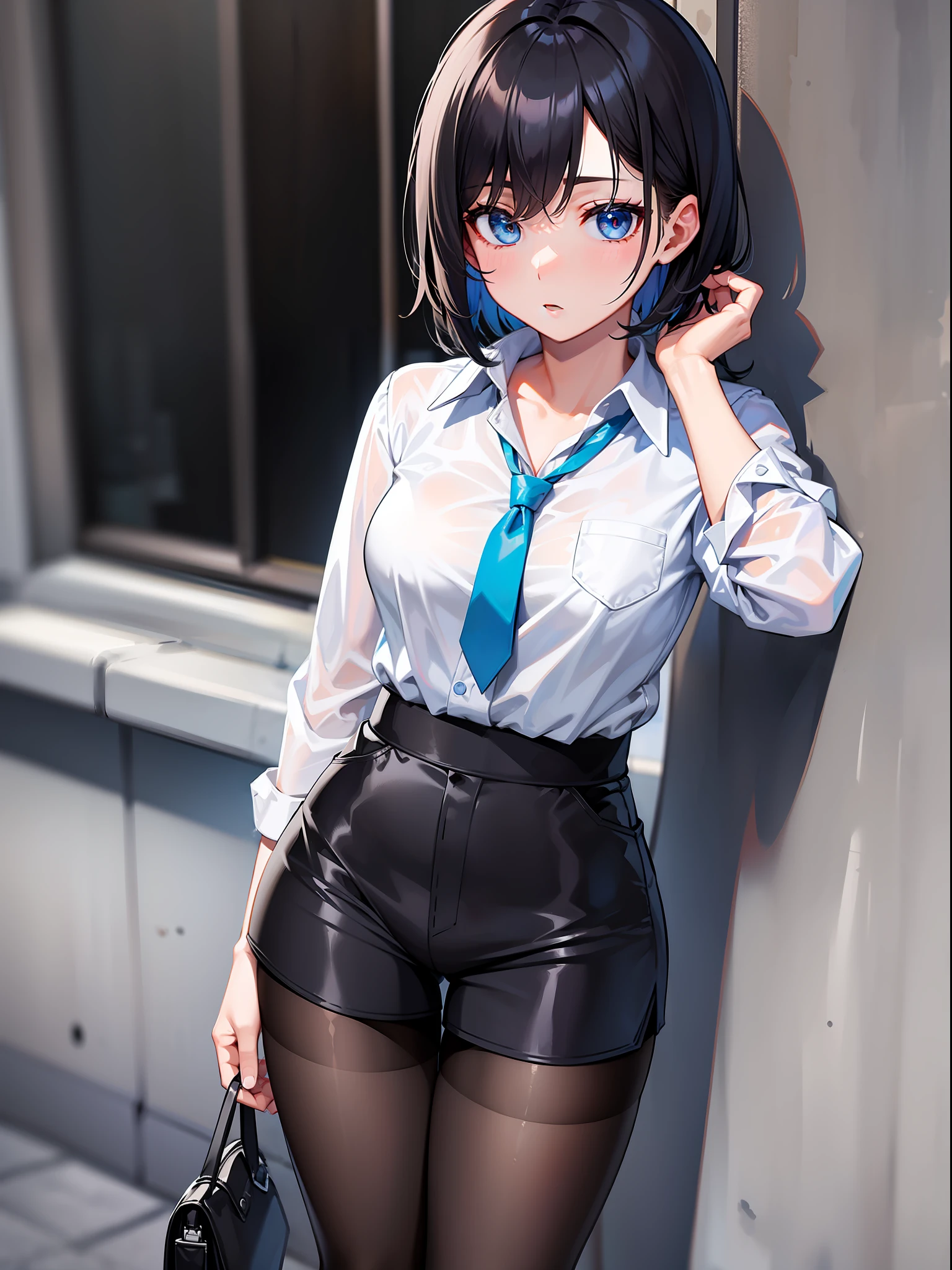 Black hair short, short clothes with white collar sleeves, blue shorts, black pantyhose, girl, outdoor