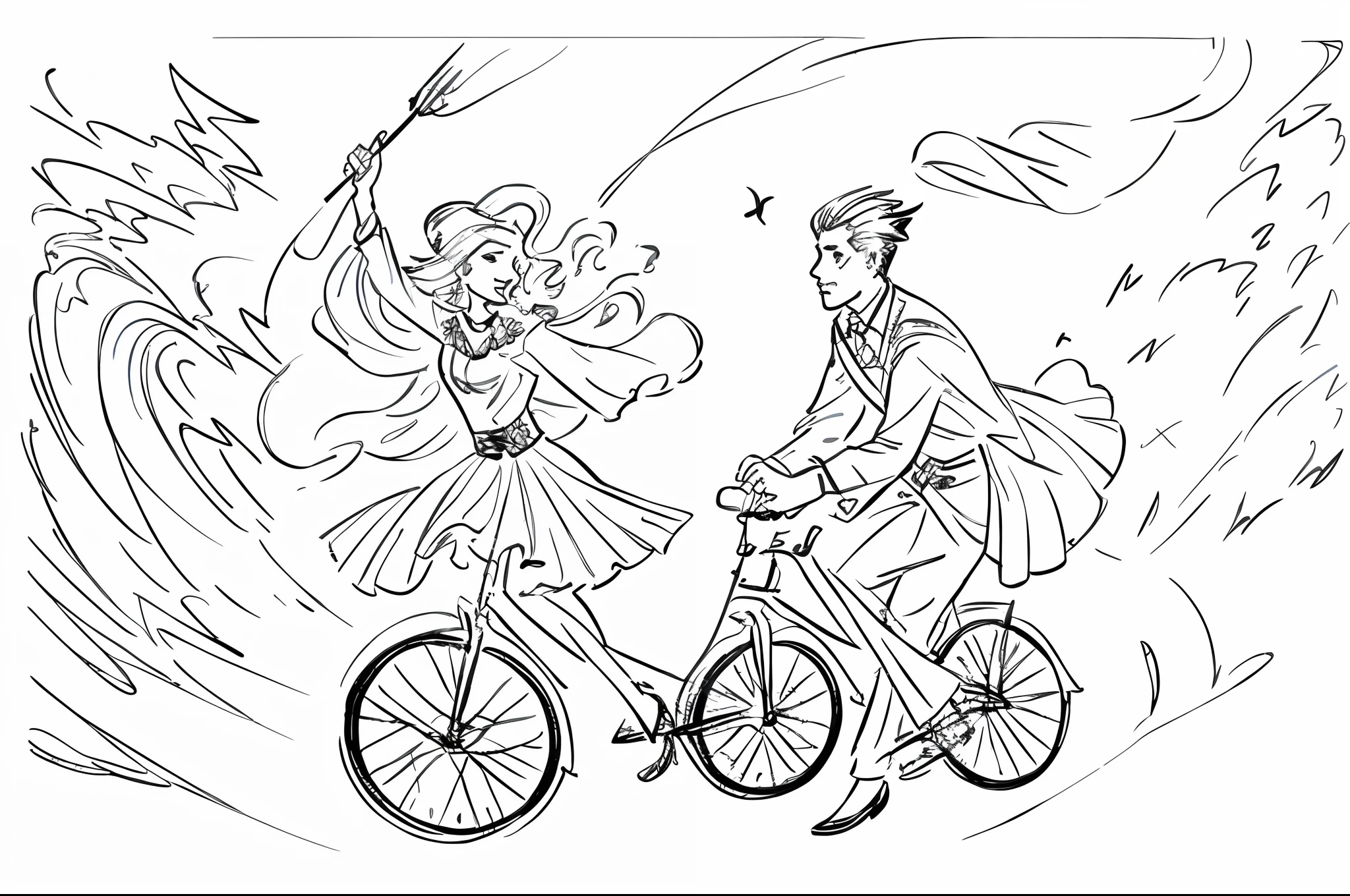 Drawings of men and women cycling in meadows, nature, hillsides, concept pieces, coloring - in worksheets, full-page illustrations, coloring book pages, extremely fine ink line art, stylized lines, (inktober), Britney Lee, inspired by Henry Justice Ford, Jamie Coulson, Clean Lines, Charlie Beauvott and Artgeem, romantic vignette!