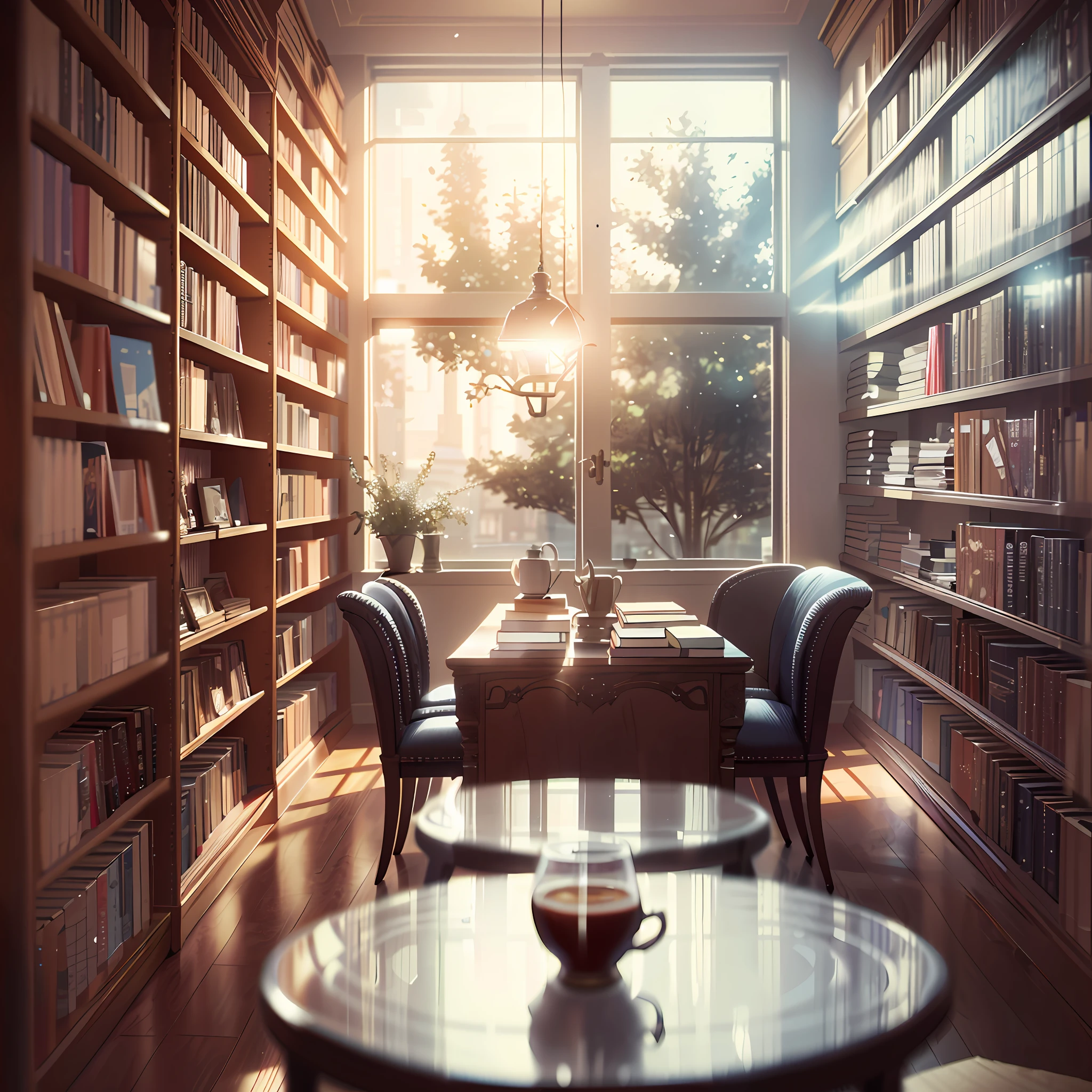 there is a table with a cup of coffee on it in a library, tilt shift library background, fancy library, library interior background, photorealistic cinematic render, small library, warmly lit posh study, interior of a library, library background, cinematic morning light, elegant study, dusty library, realistic afternoon lighting, gloomy library, cinematic realistic photo, by Alexander Bogen