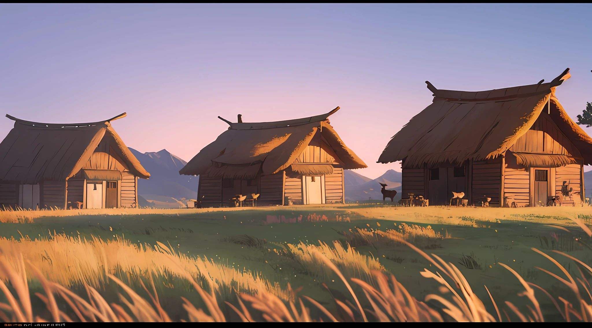 Country, side backlit, humble thatched huts, male deer and males --auto --s2