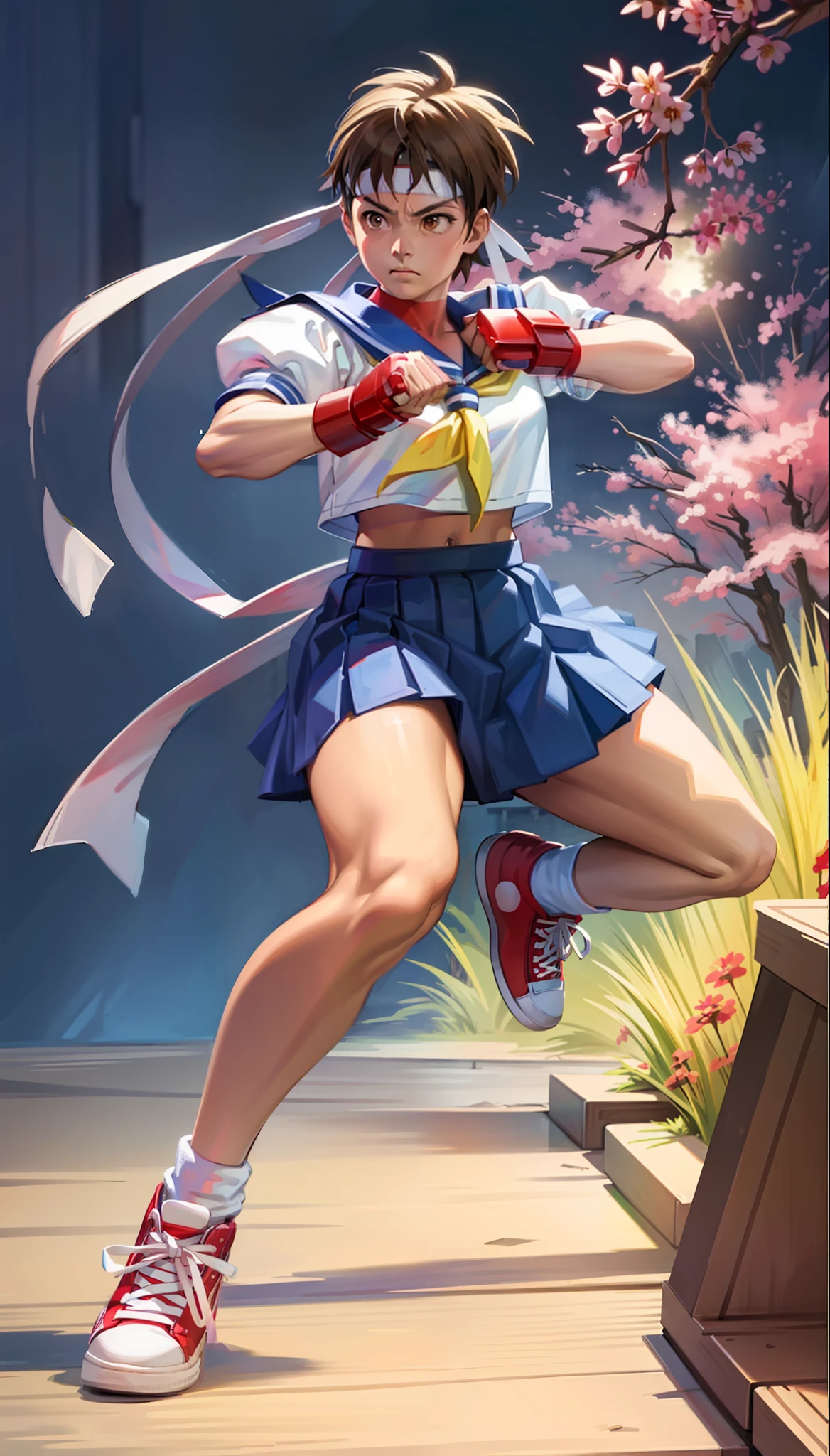 (masterpiece), (best quality), realistic illustration, digital painting, brush marks, by Sakura from street fighter, a young high school fighter in a fighting pose. Angry face, realistic, highly detailed, vibrant colors. In the background a traditional Japanese town of the fourteenth century, cherry trees, Cherry leaves.