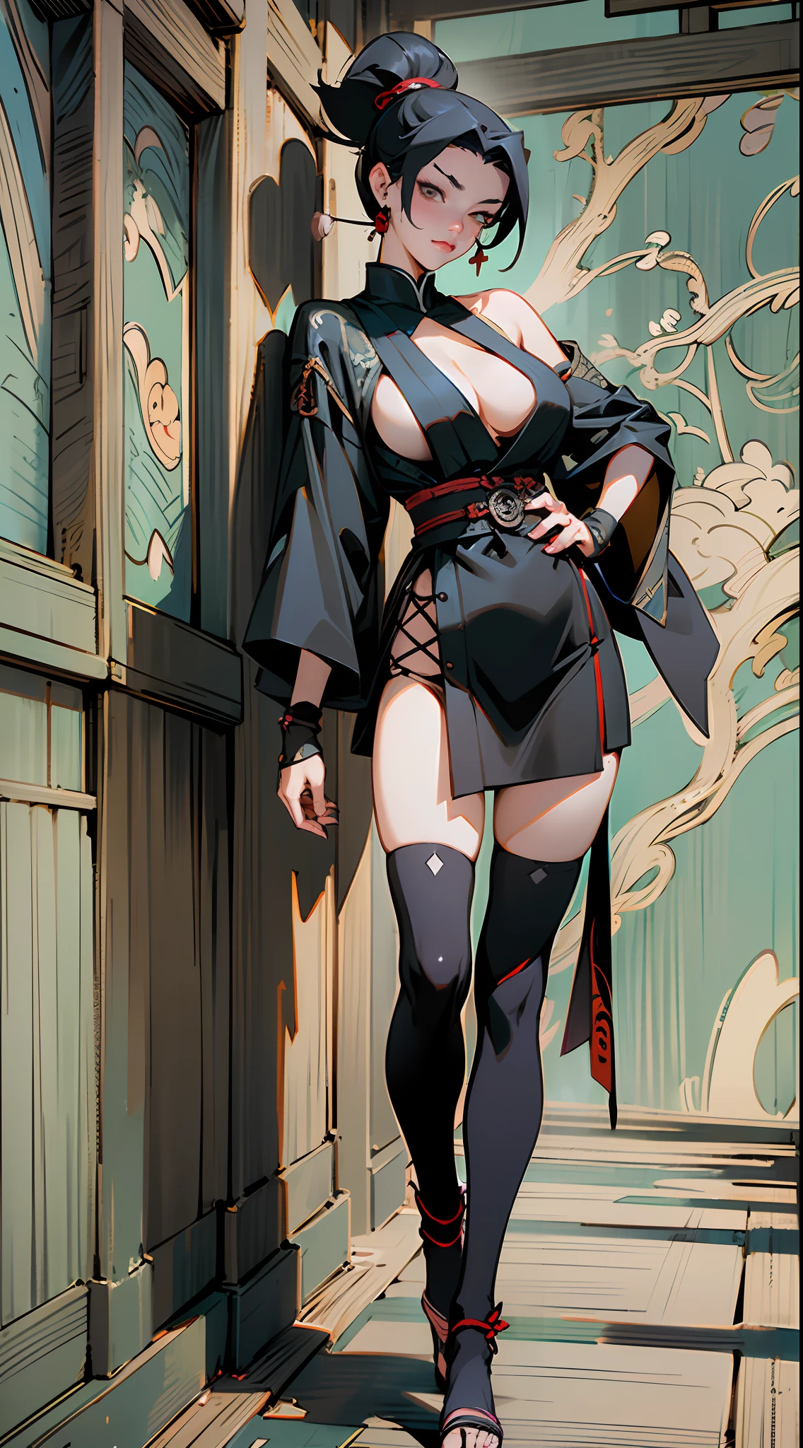 (surreal), (illustration), (high resolution), (8K), (very detailed), (best illustration), (beautiful detail eyes), (best quality), (super detailed), (masterpiece), (wallpaper), ( detailed face), otherworld background, Alafi in black low-cut ninja costume and red belt, inspired by Kiyonobu Torii, Korean goddess, Naruto style, realistic fantasy rendering, realistic anime girl rendering, (full body portrait), (big breast: 1.4), top neckline open to reveal the chest, wearing delicate earrings, slender legs, wearing black over-the-knee stockings, (wearing clogs), standing in front of a tavern, popular on cgstation, wlop. 4K, in Naruto style
