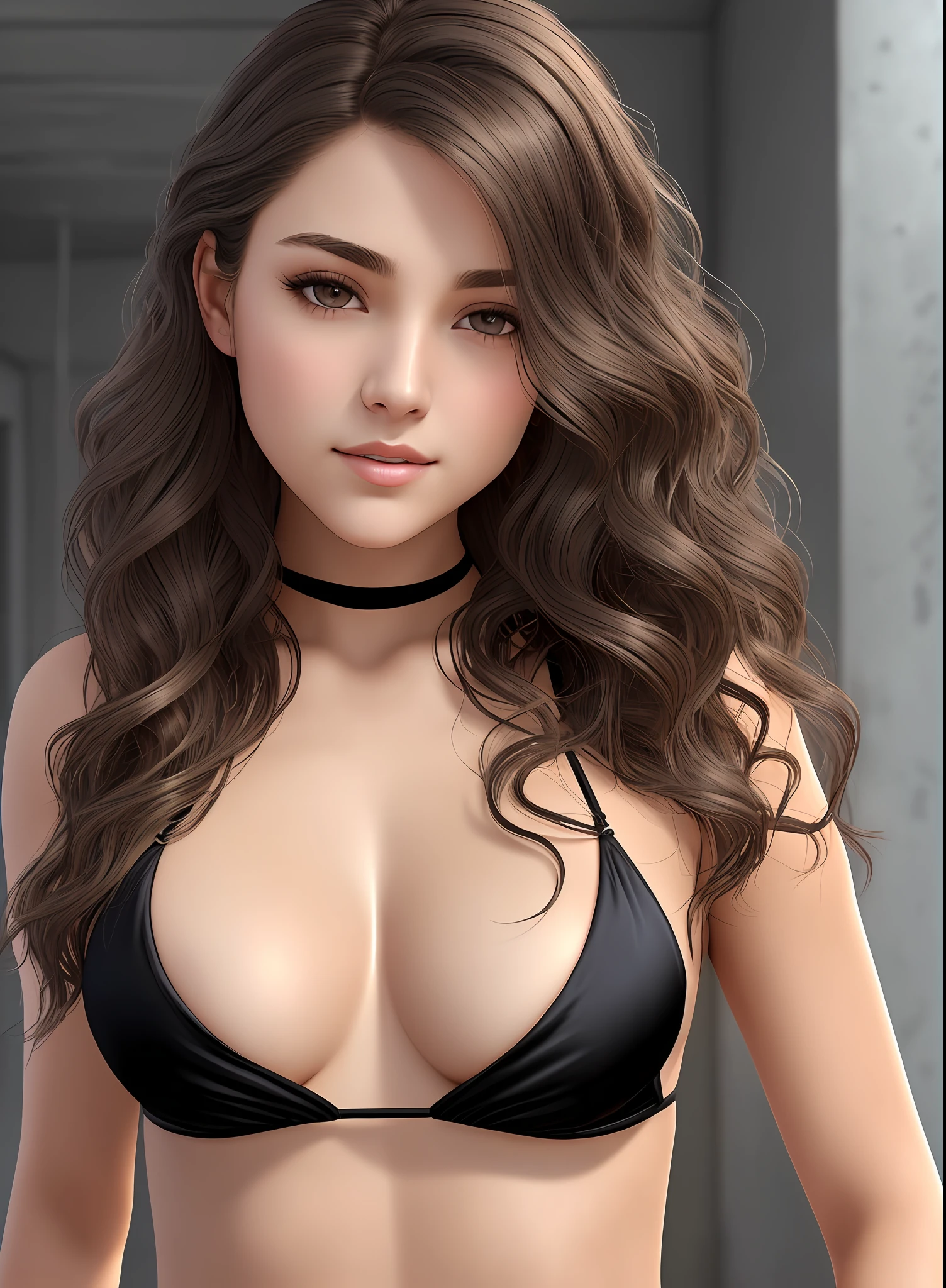 woman 30 years of white skin, (highly detailed skin: 1.2), (exposed: 1.1), (exposed back: 1.5), (exposed shoulders: 1.1), (exposed crotch: 1.5), (view from top to bottom: 1.5), ((Jussara wearing a black silk rope micro bikini in an abandoned place)), photography, masterpiece, best quality, dark gray background and beams of lights, brown eyes 1girl and beautiful brown hair with degrade locks, a beautiful woman with big ass small breasts and white skin, varied poses, ((Small breasts :1.4)), (((very soft breasts)), ((wavy hair)), Ultra-detailed face, Detailed eyes, ((No close-up))), render in 8k, fullhd.